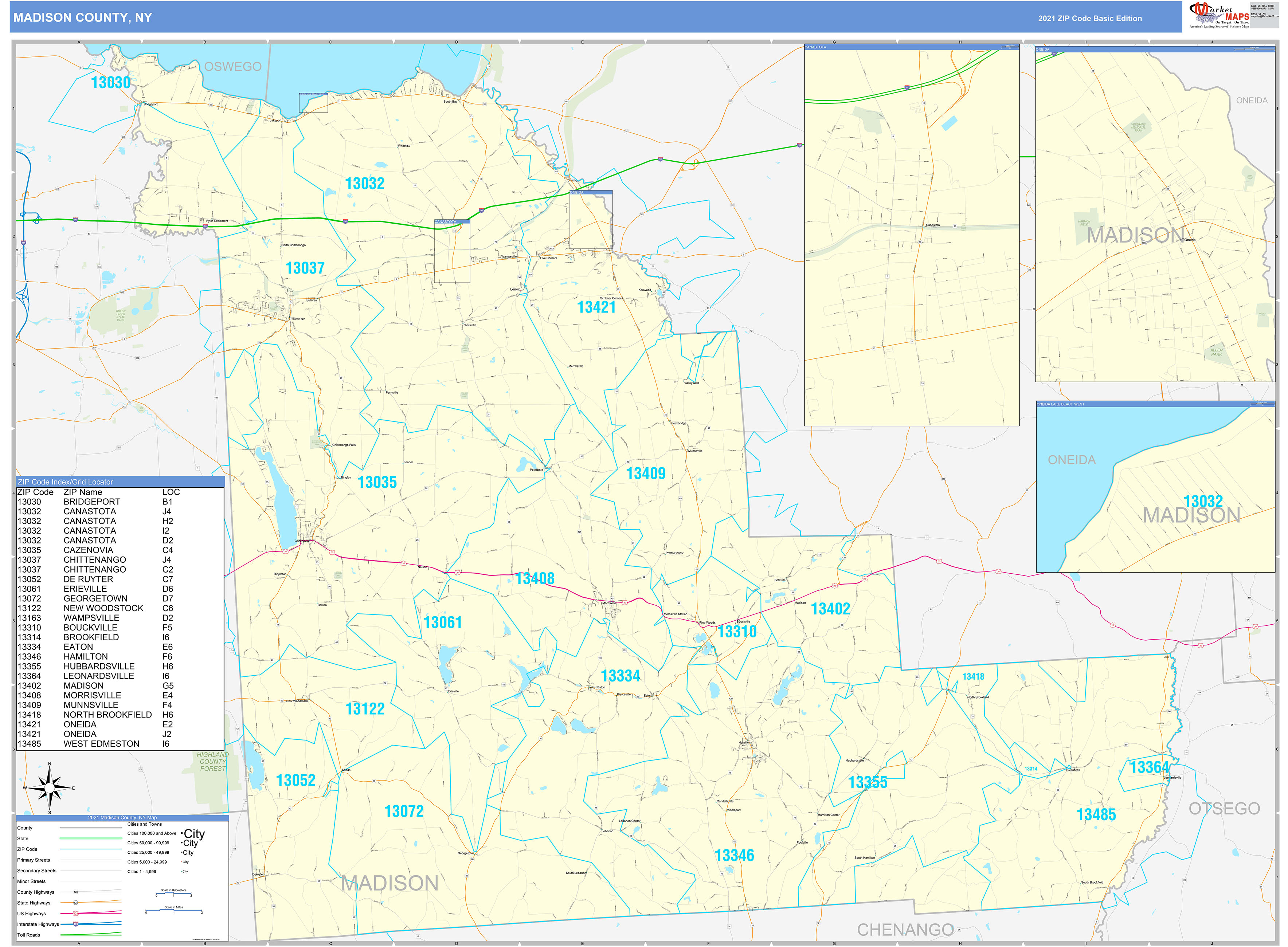 Madison County, NY Zip Code Wall Map Basic Style by MarketMAPS - MapSales