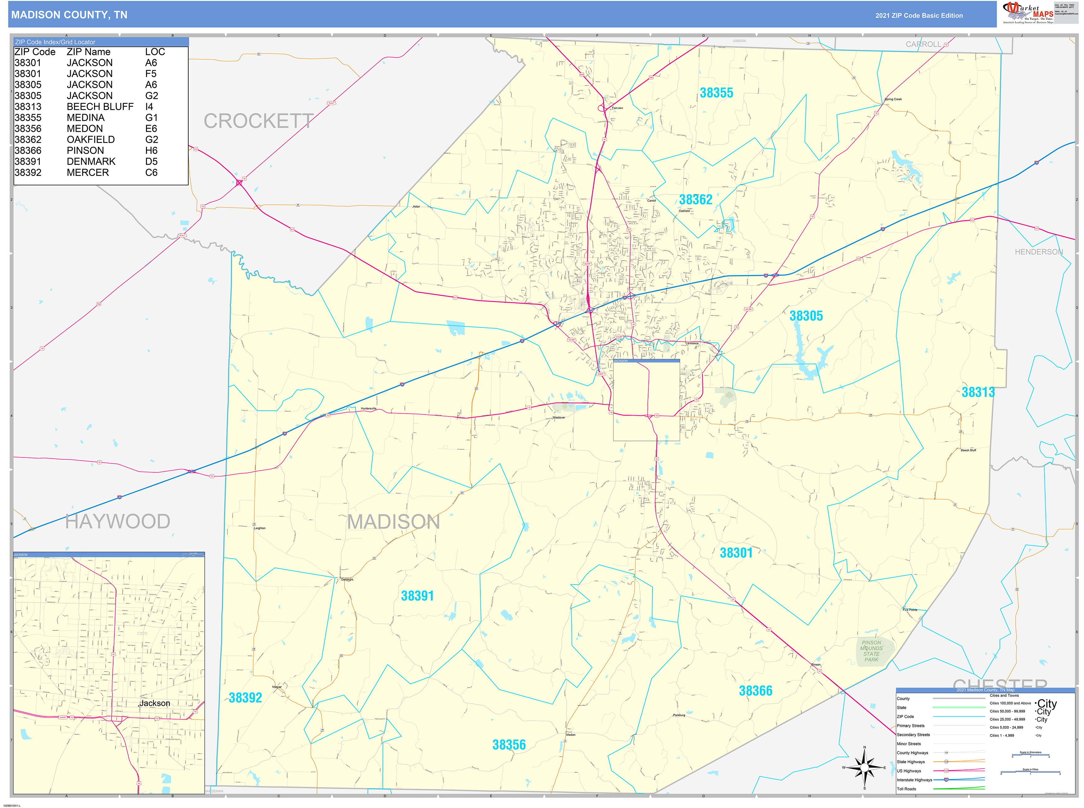 Madison County, TN Zip Code Wall Map Basic Style by MarketMAPS - MapSales
