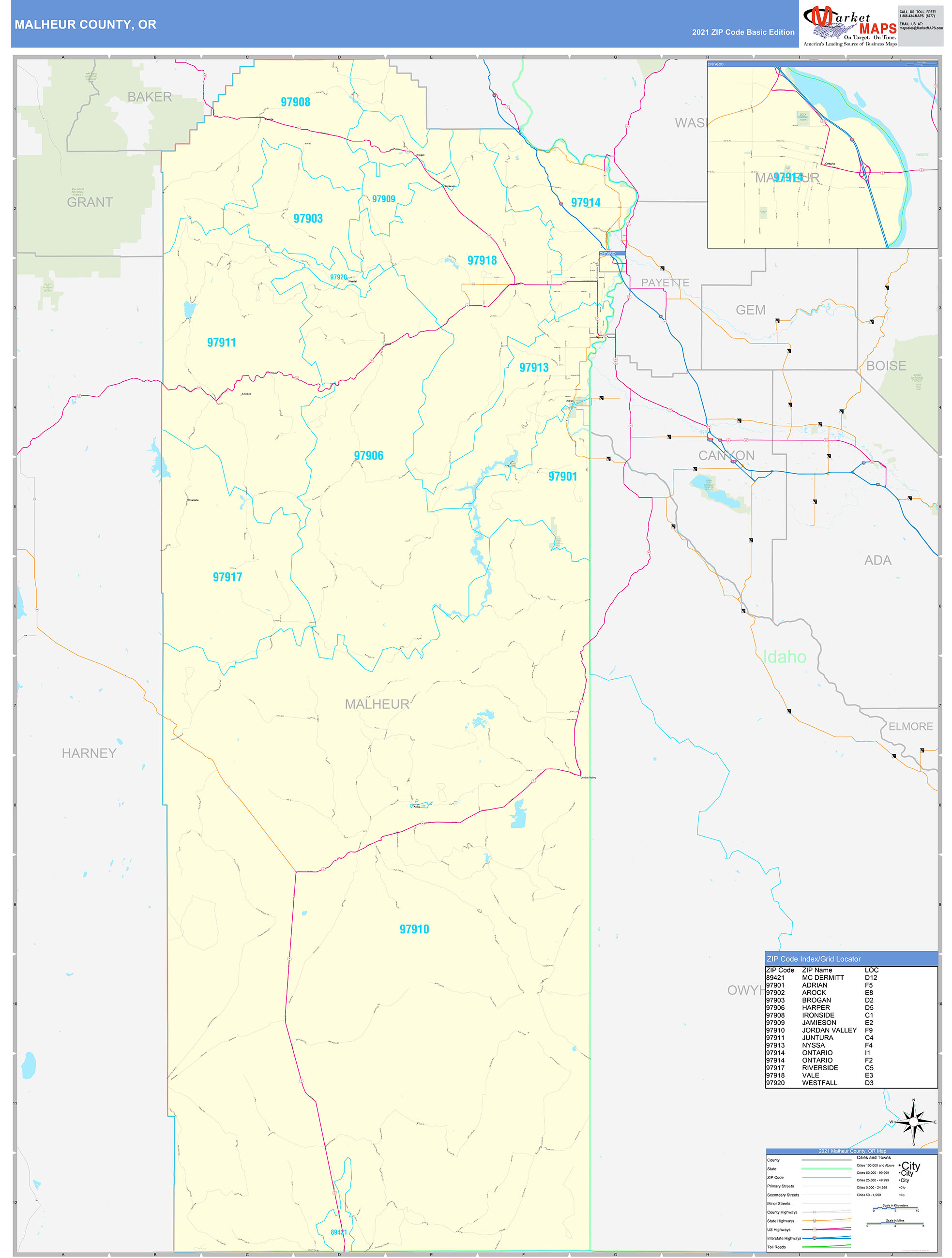 Malheur County OR Zip Code Wall Map Basic Style by MarketMAPS MapSales