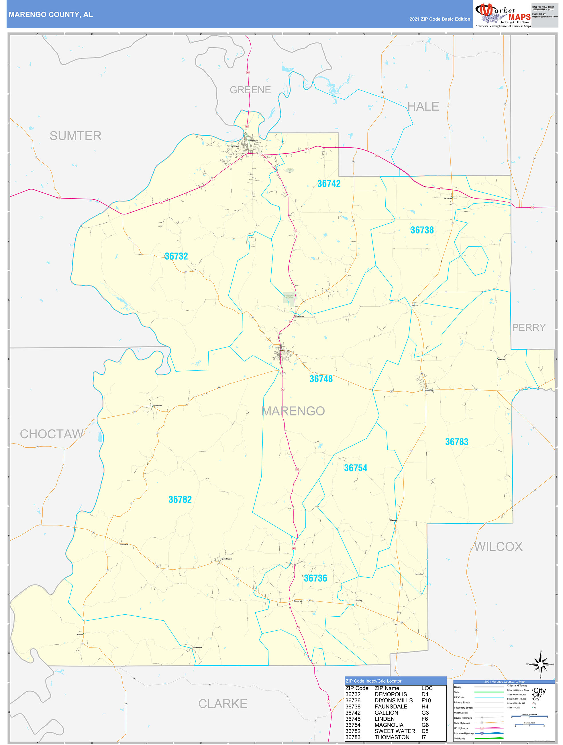 Marengo County, AL Zip Code Wall Map Basic Style by MarketMAPS