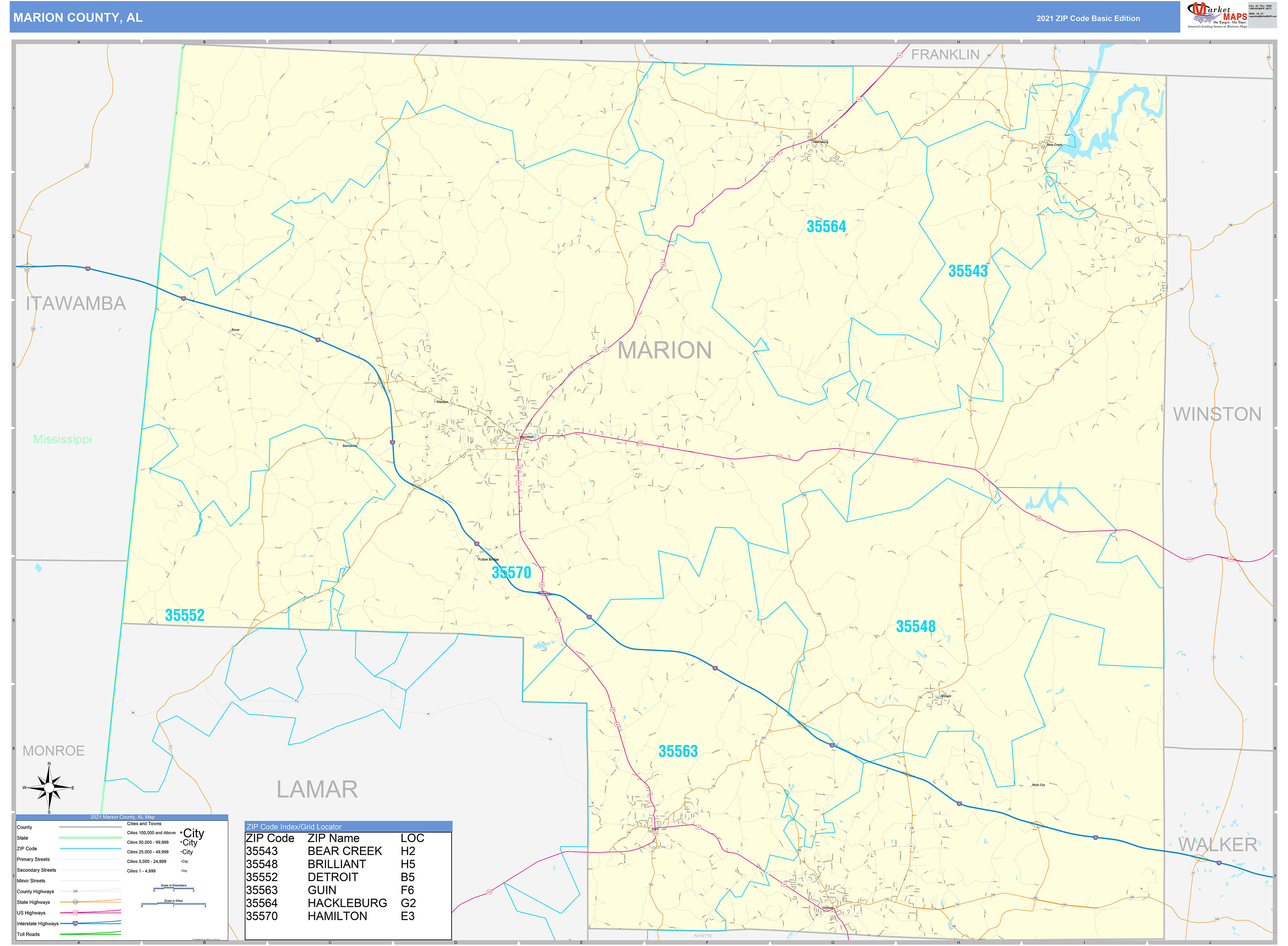 Marion County, AL Zip Code Wall Map Basic Style by MarketMAPS