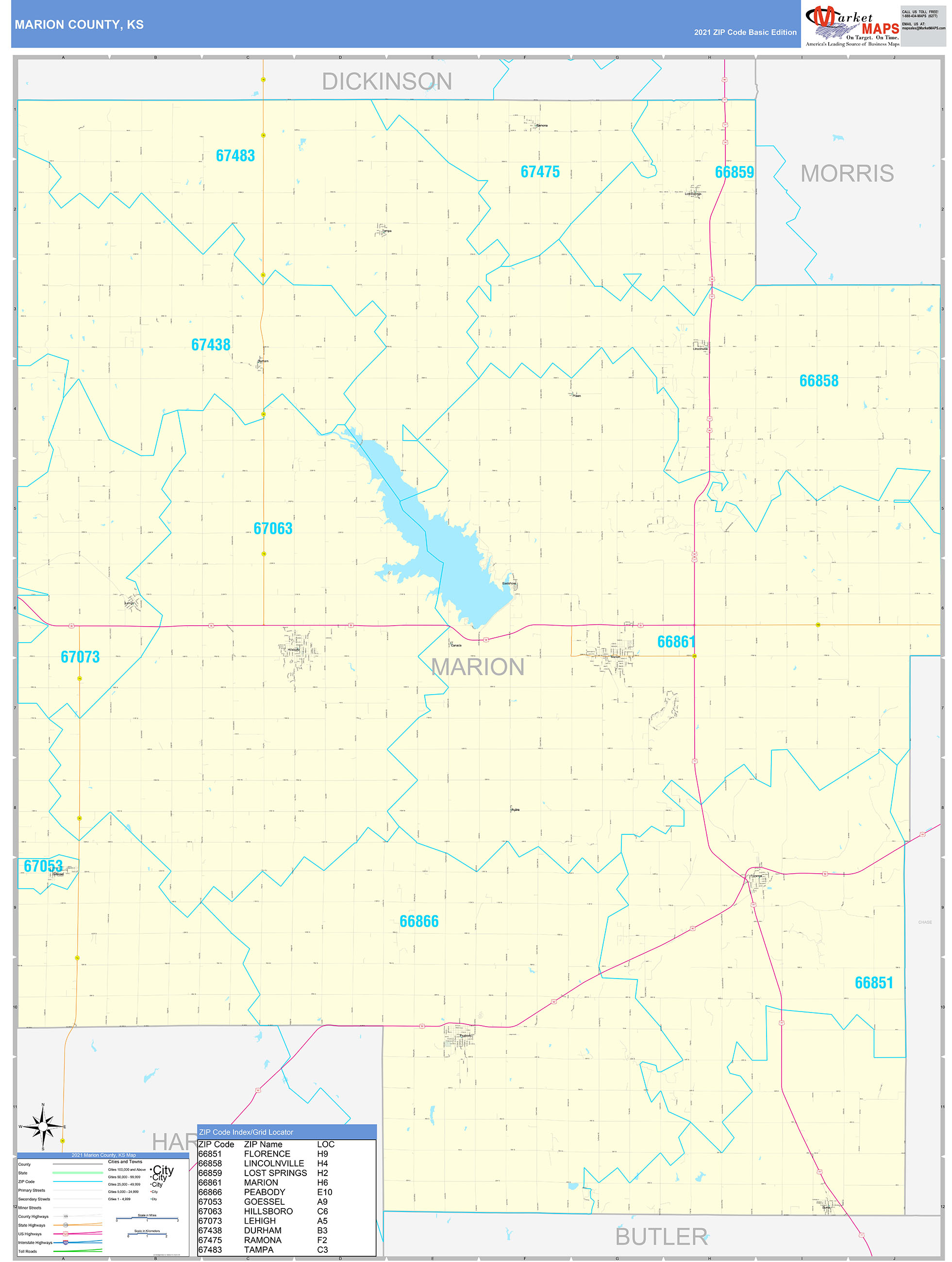 Marion County, KS Zip Code Wall Map Basic Style by MarketMAPS ...