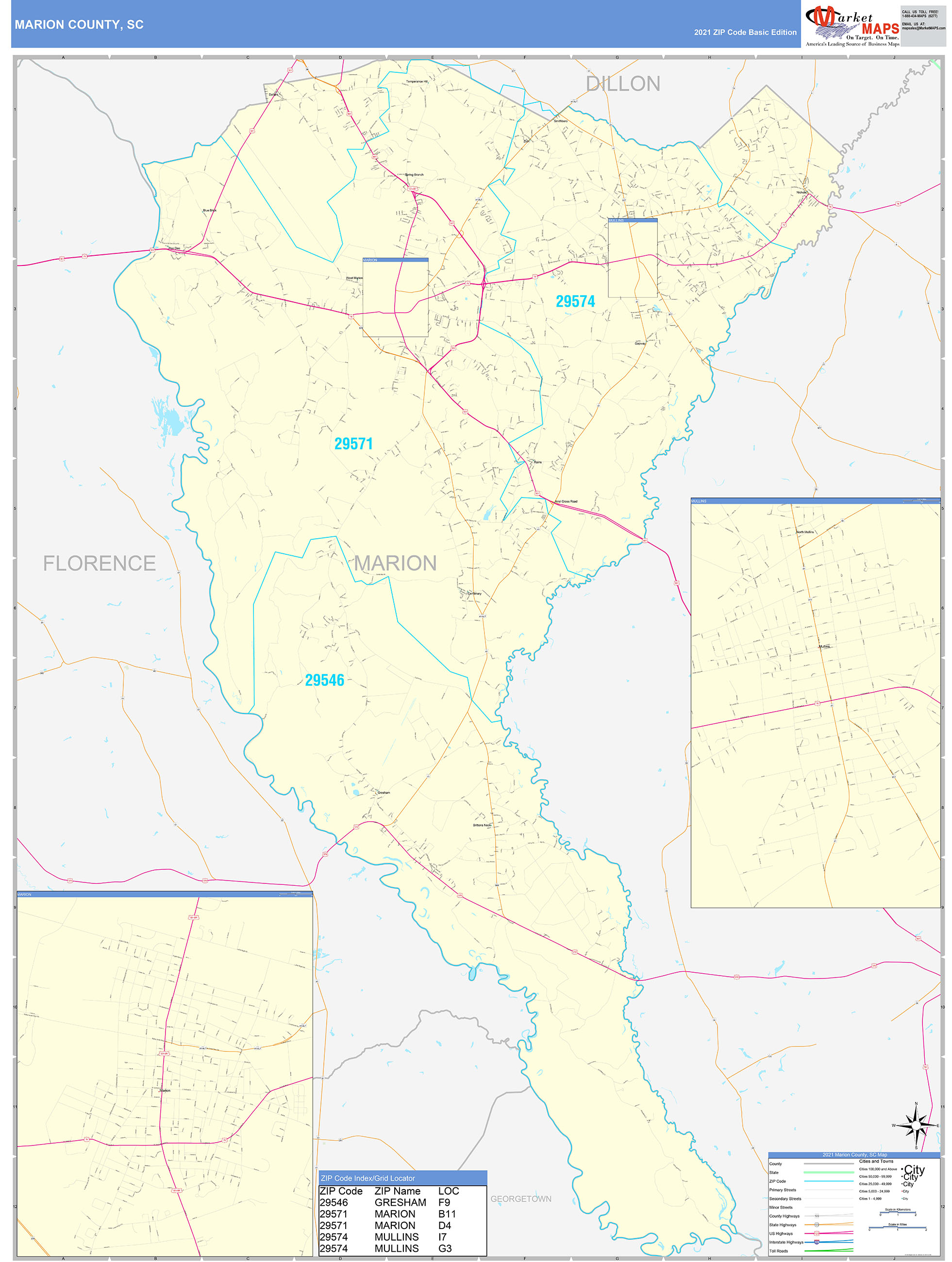 Marion County, SC Zip Code Wall Map Basic Style by MarketMAPS