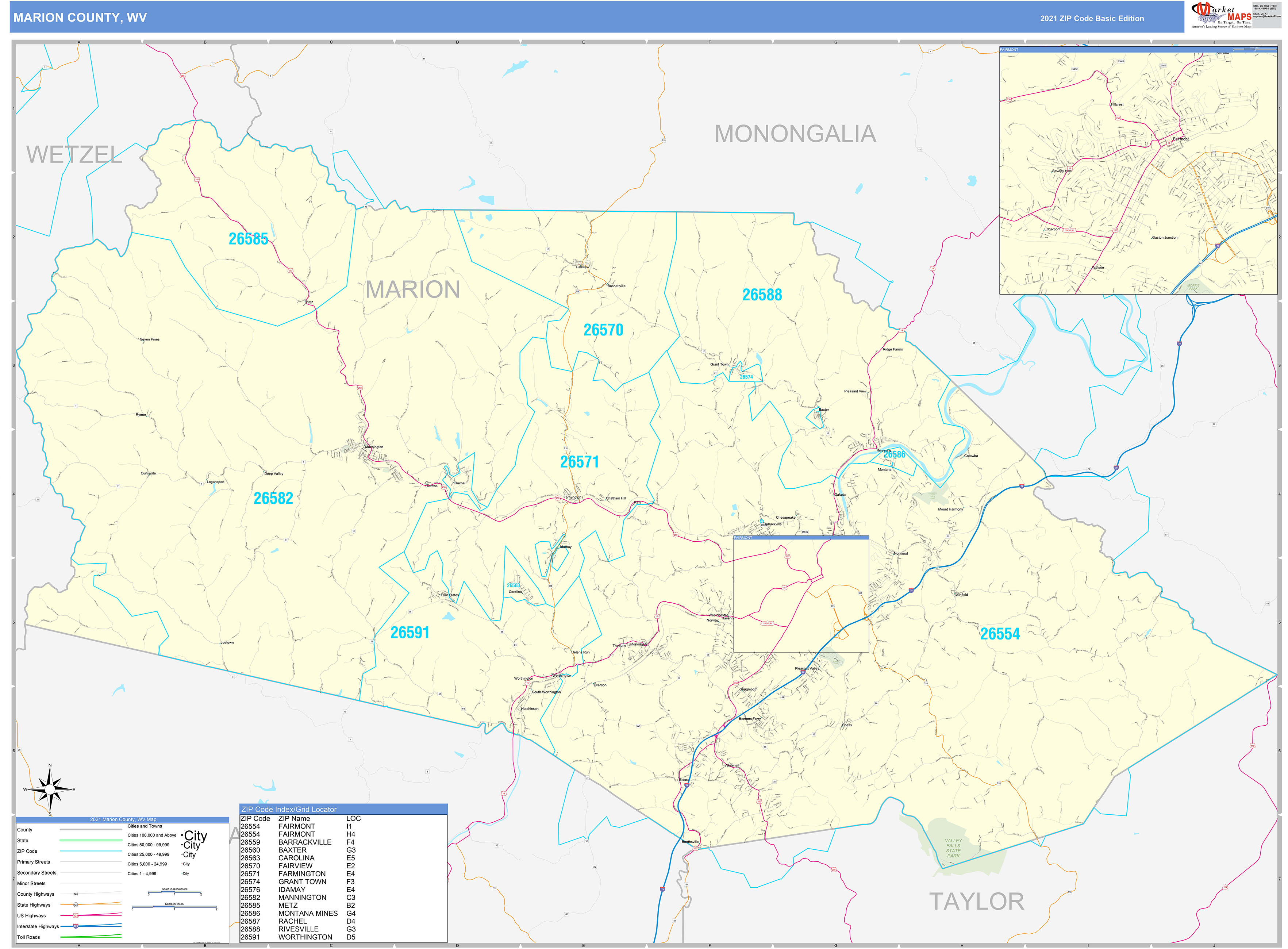 Marion County Wv Zip Code Wall Map Basic Style By Marketmaps Mapsales