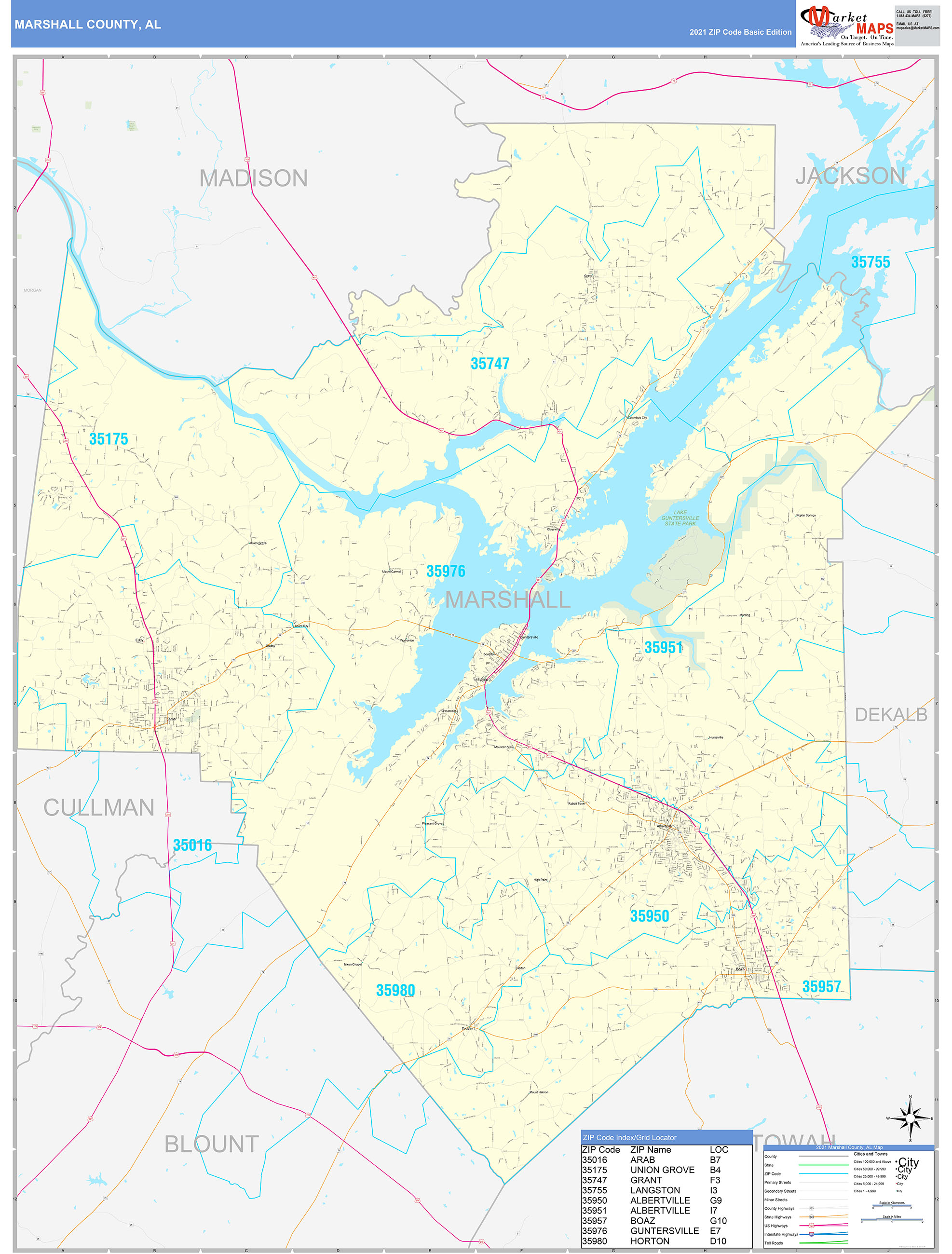 Marshall County, AL Zip Code Wall Map Basic Style by MarketMAPS - MapSales