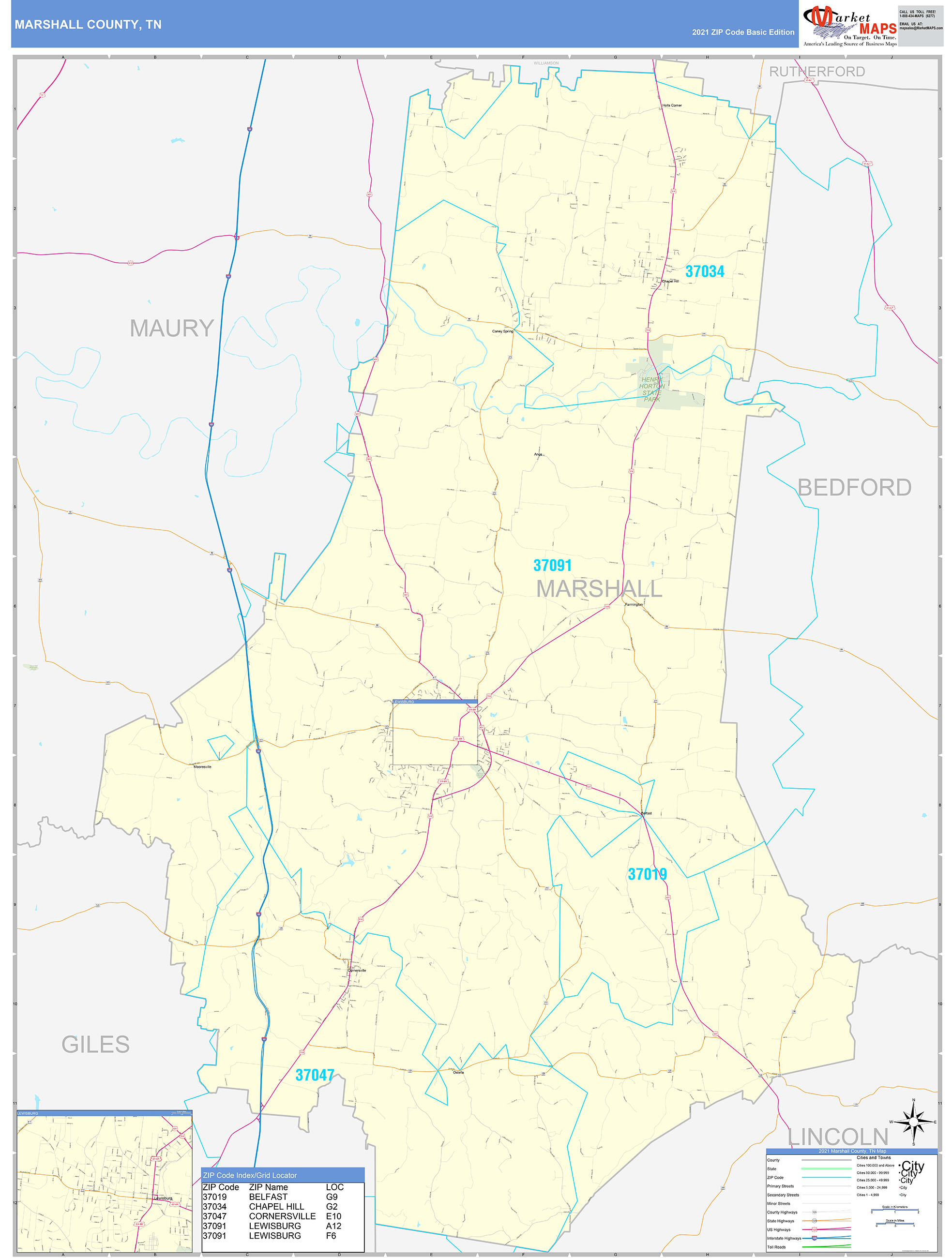 Marshall County, TN Zip Code Wall Map Basic Style by MarketMAPS - MapSales