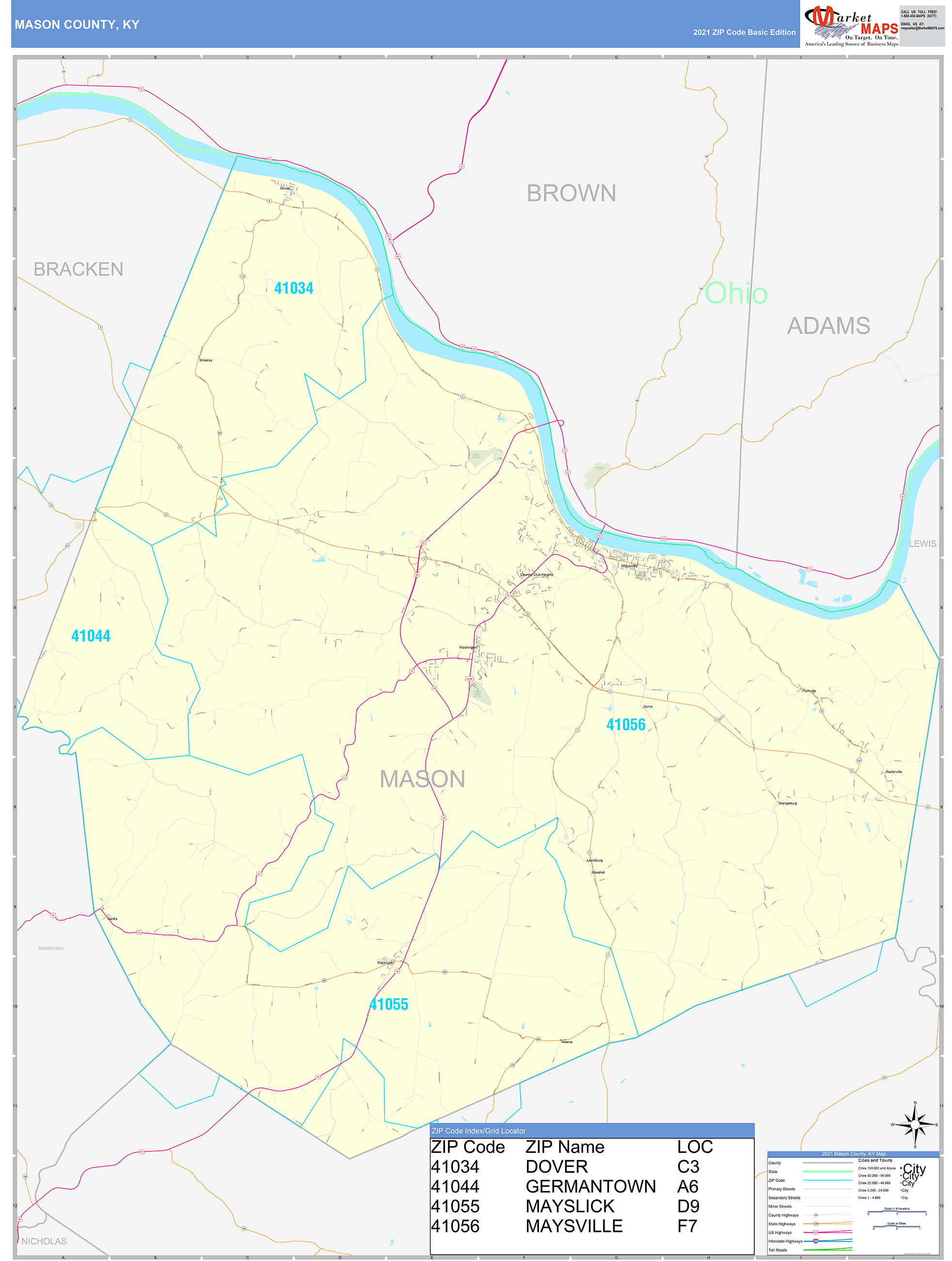 Mason County, KY Zip Code Wall Map Basic Style by MarketMAPS - MapSales