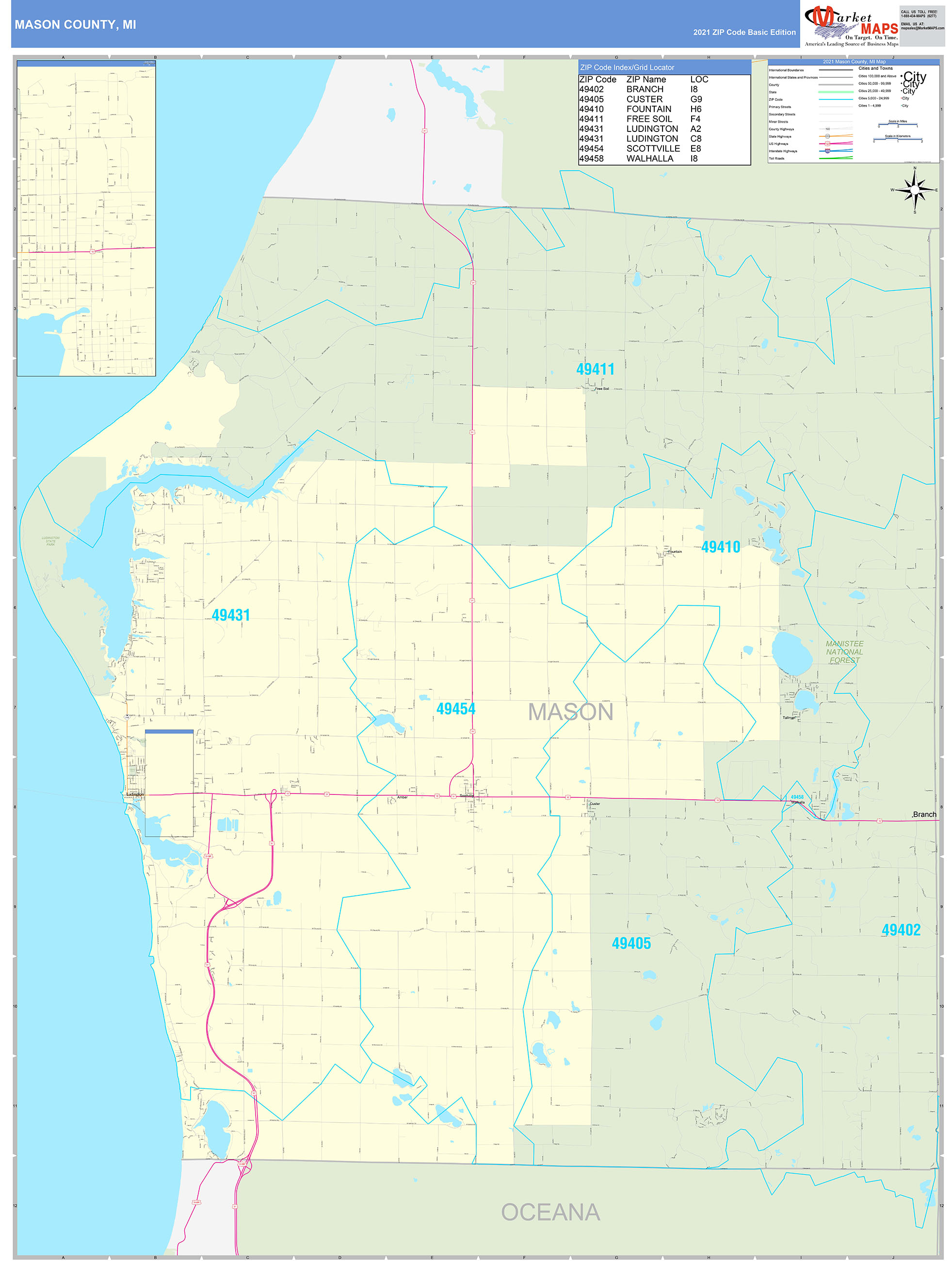 Mason County, Mi Zip Code Wall Map Basic Style By Marketmaps - Mapsales