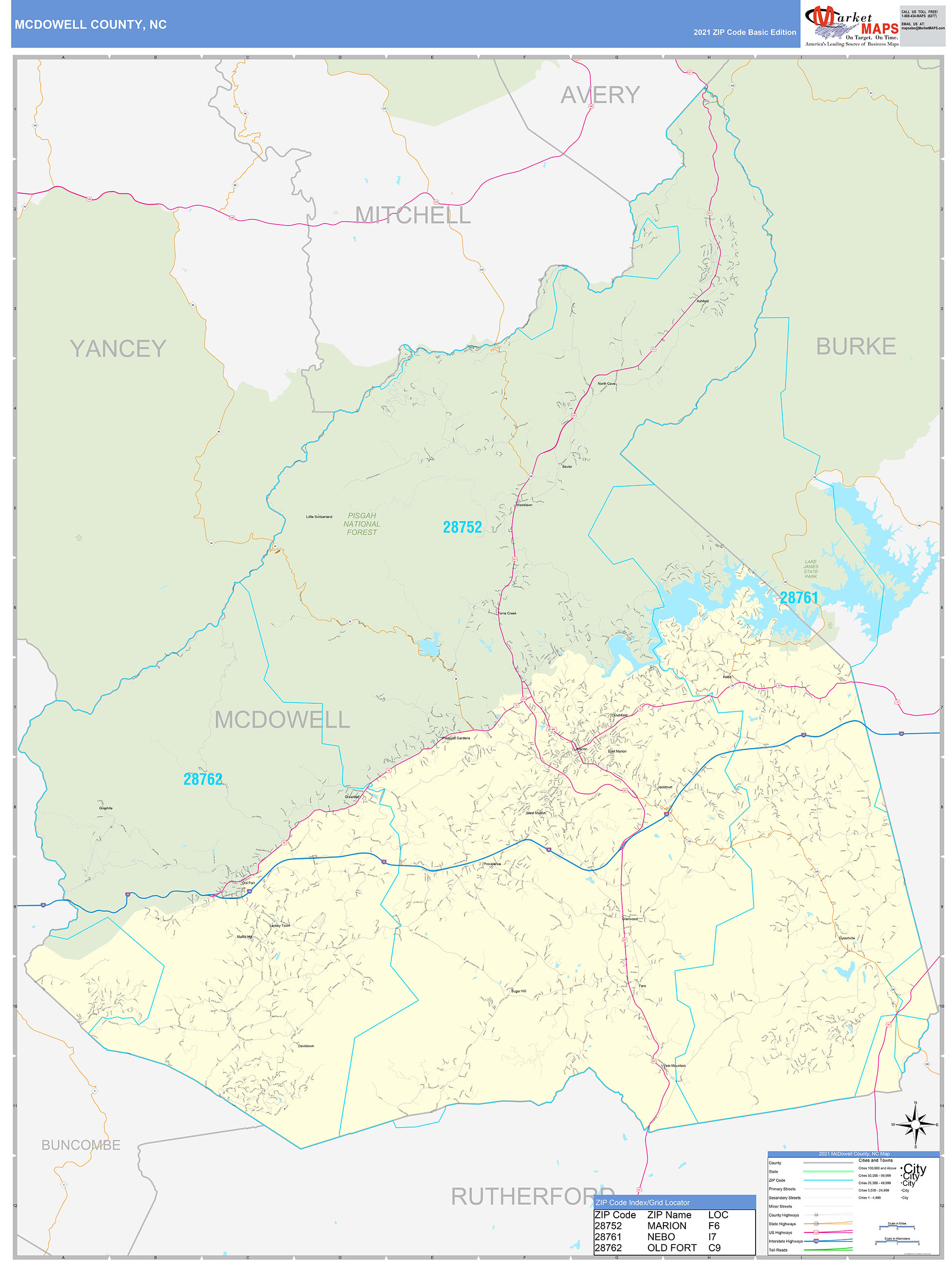 McDowell County, NC Zip Code Wall Map Basic Style by MarketMAPS - MapSales