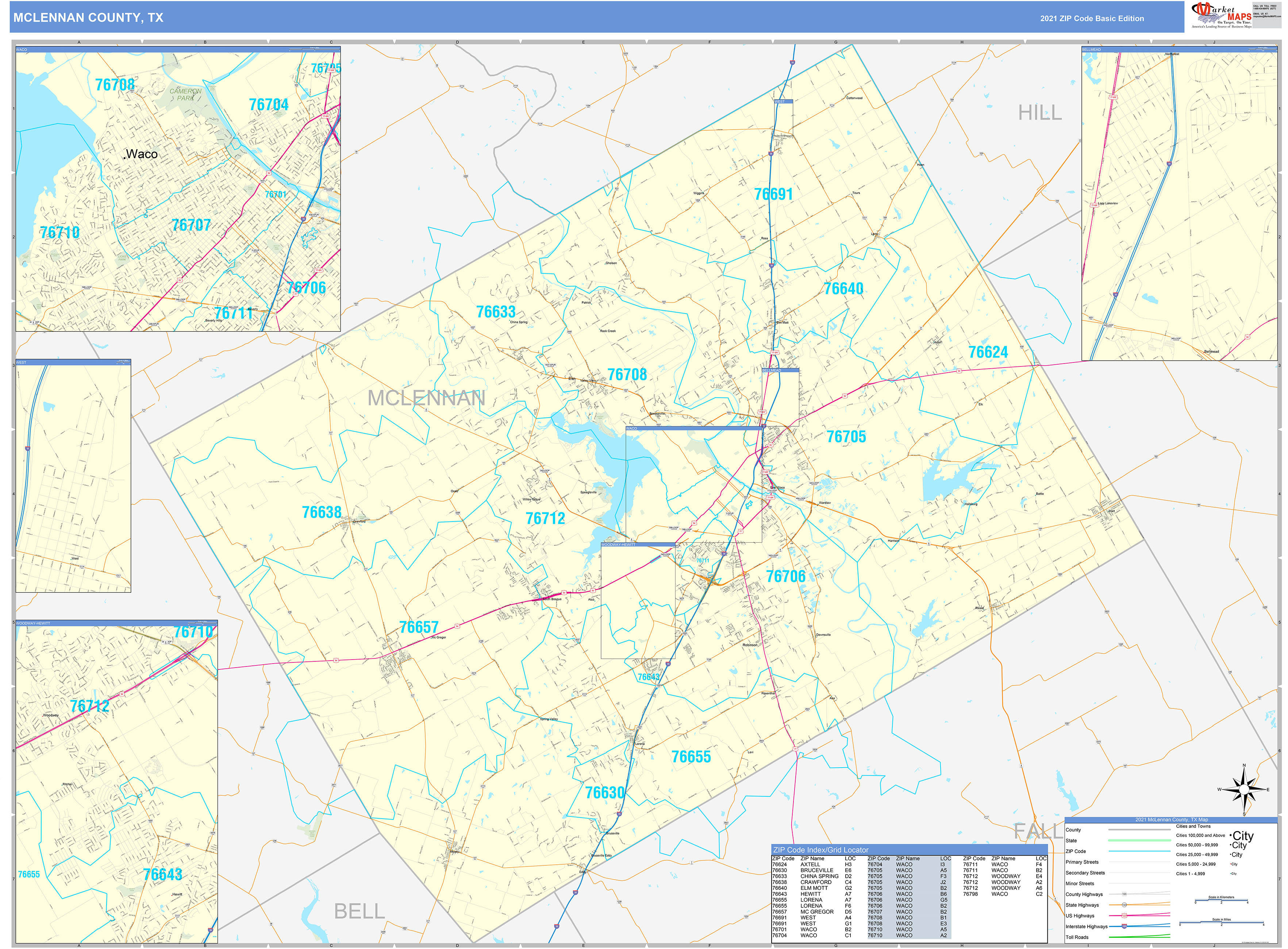McLennan County TX Zip Code Wall Map Basic Style by MarketMAPS MapSales