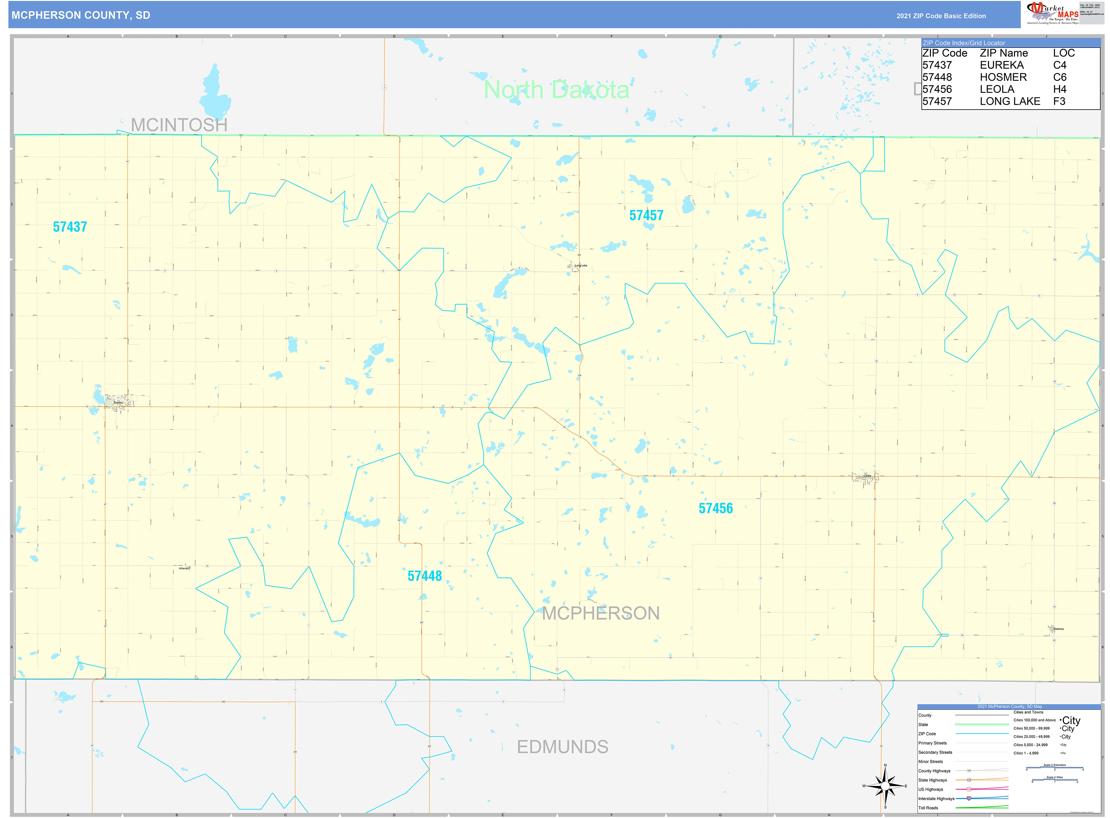 McPherson County, SD Zip Code Wall Map Basic Style by MarketMAPS