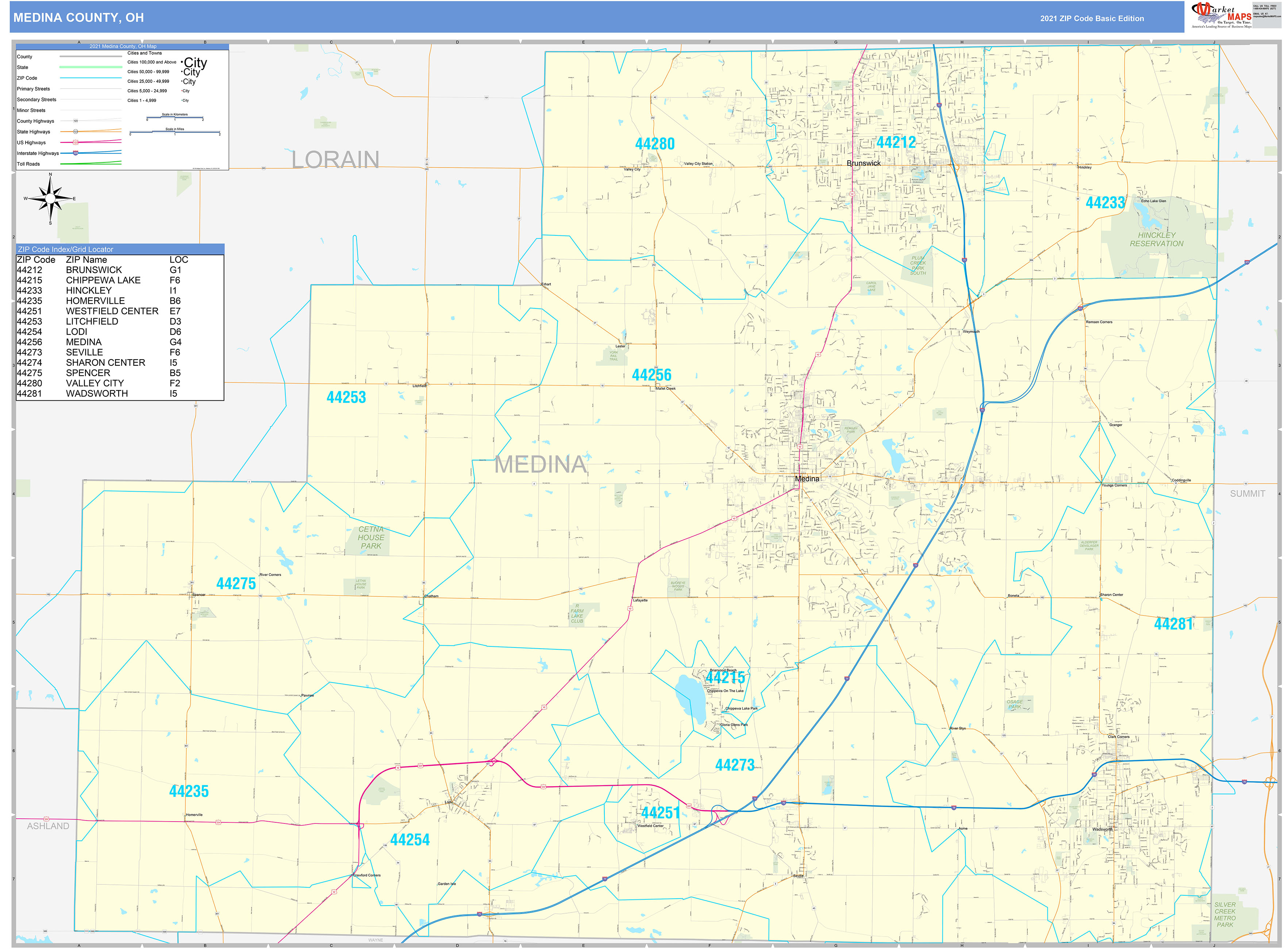 Medina County, OH Zip Code Wall Map Basic Style by MarketMAPS - MapSales