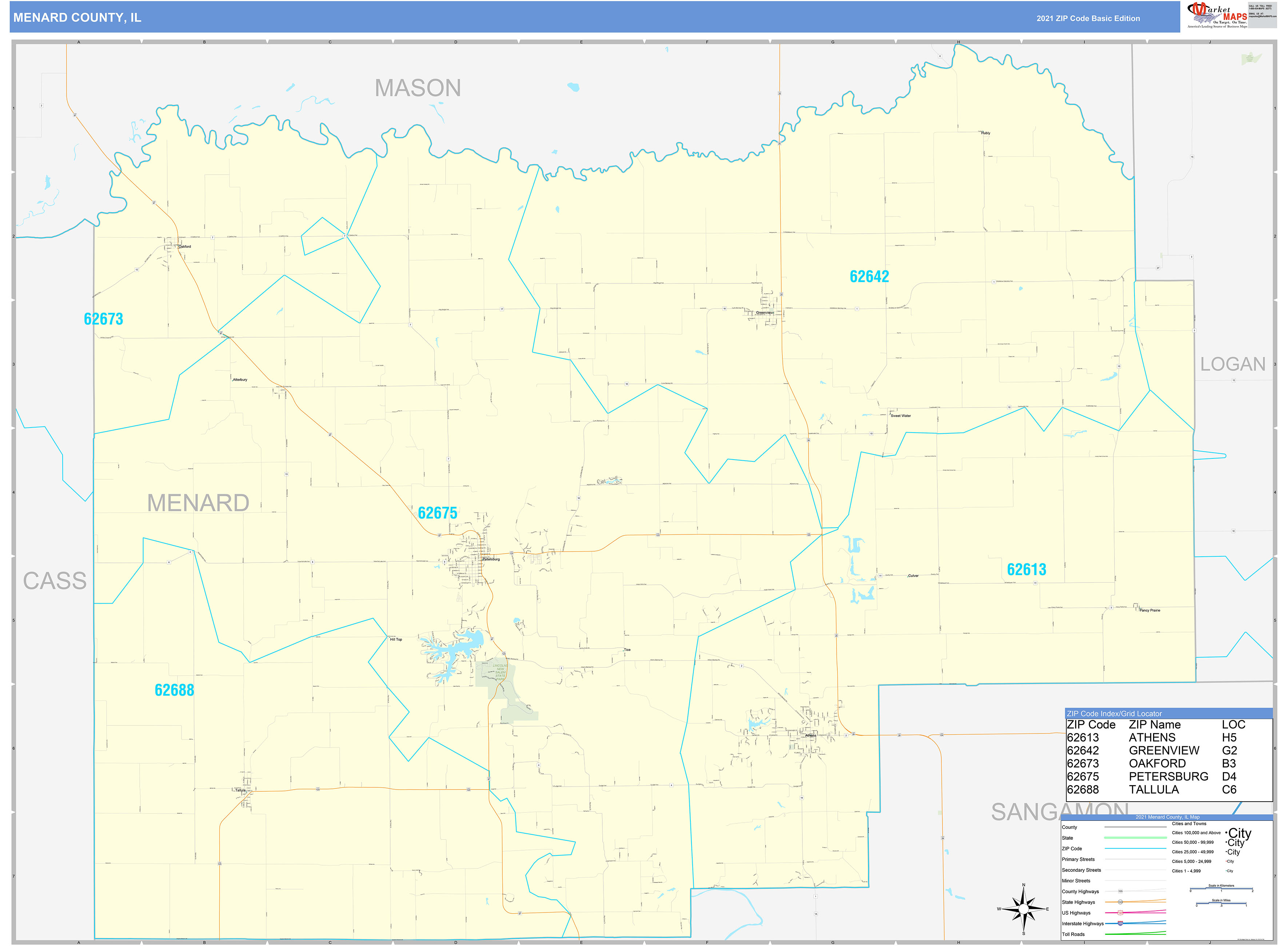 Menard County, IL Zip Code Wall Map Basic Style by MarketMAPS