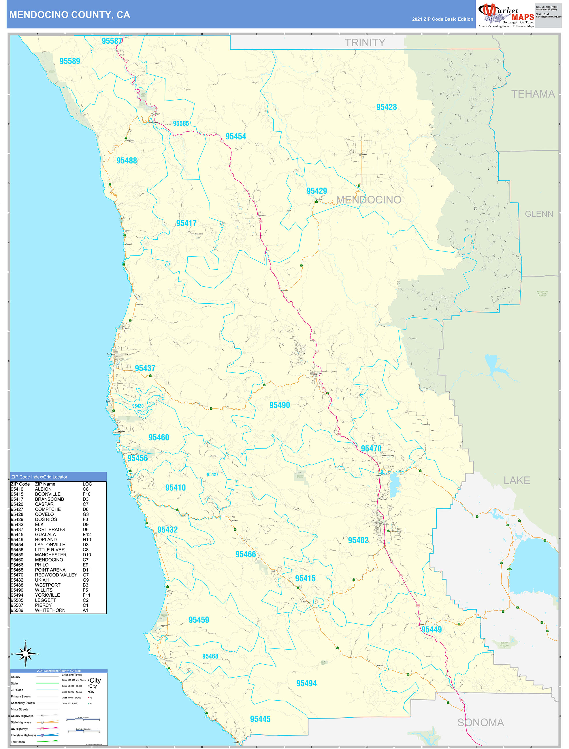 Mendocino County, CA Zip Code Wall Map Basic Style by MarketMAPS - MapSales