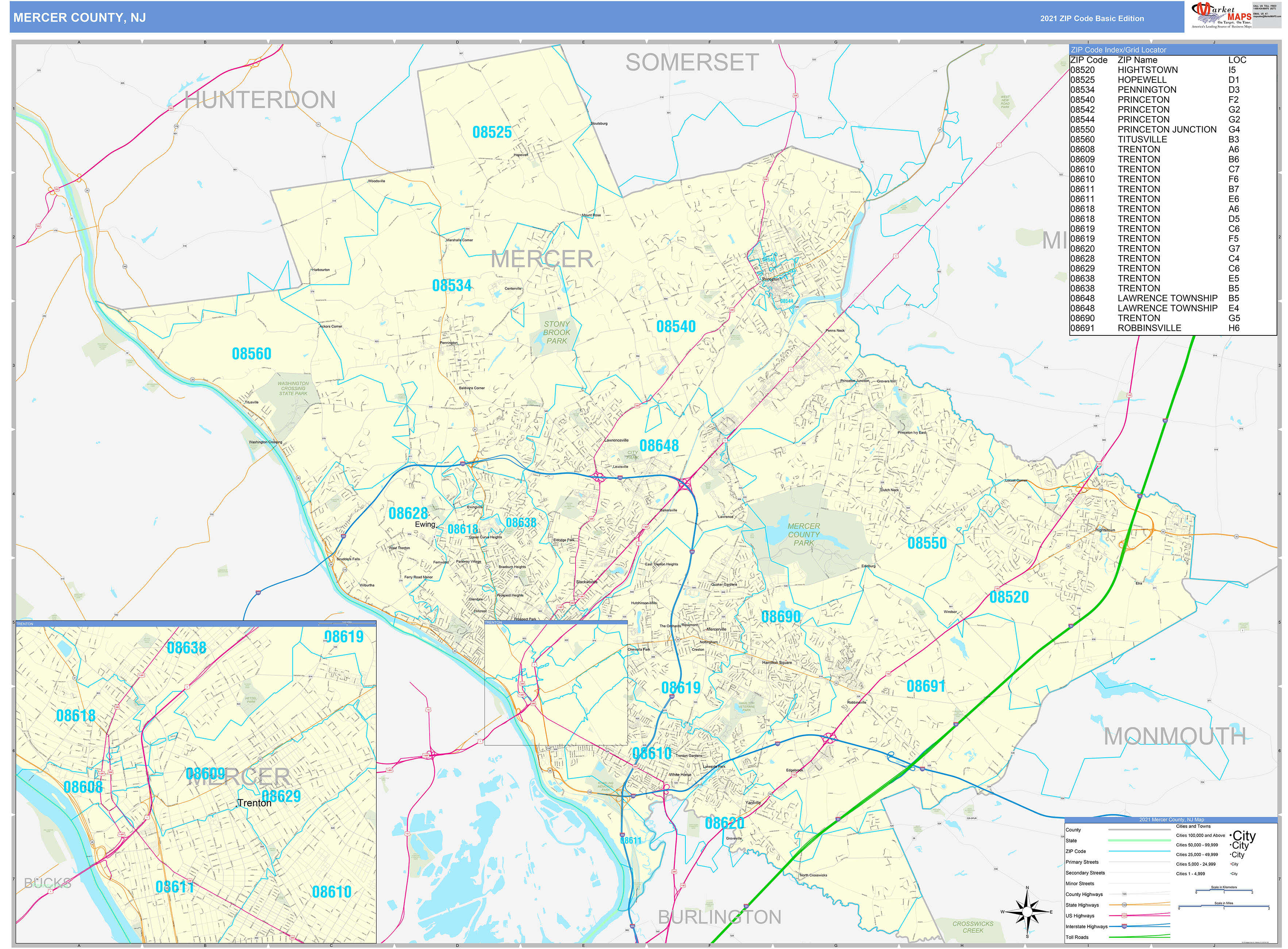 Mercer County Nj Zip Code Wall Map Basic Style By Marketmaps Mapsales 2641