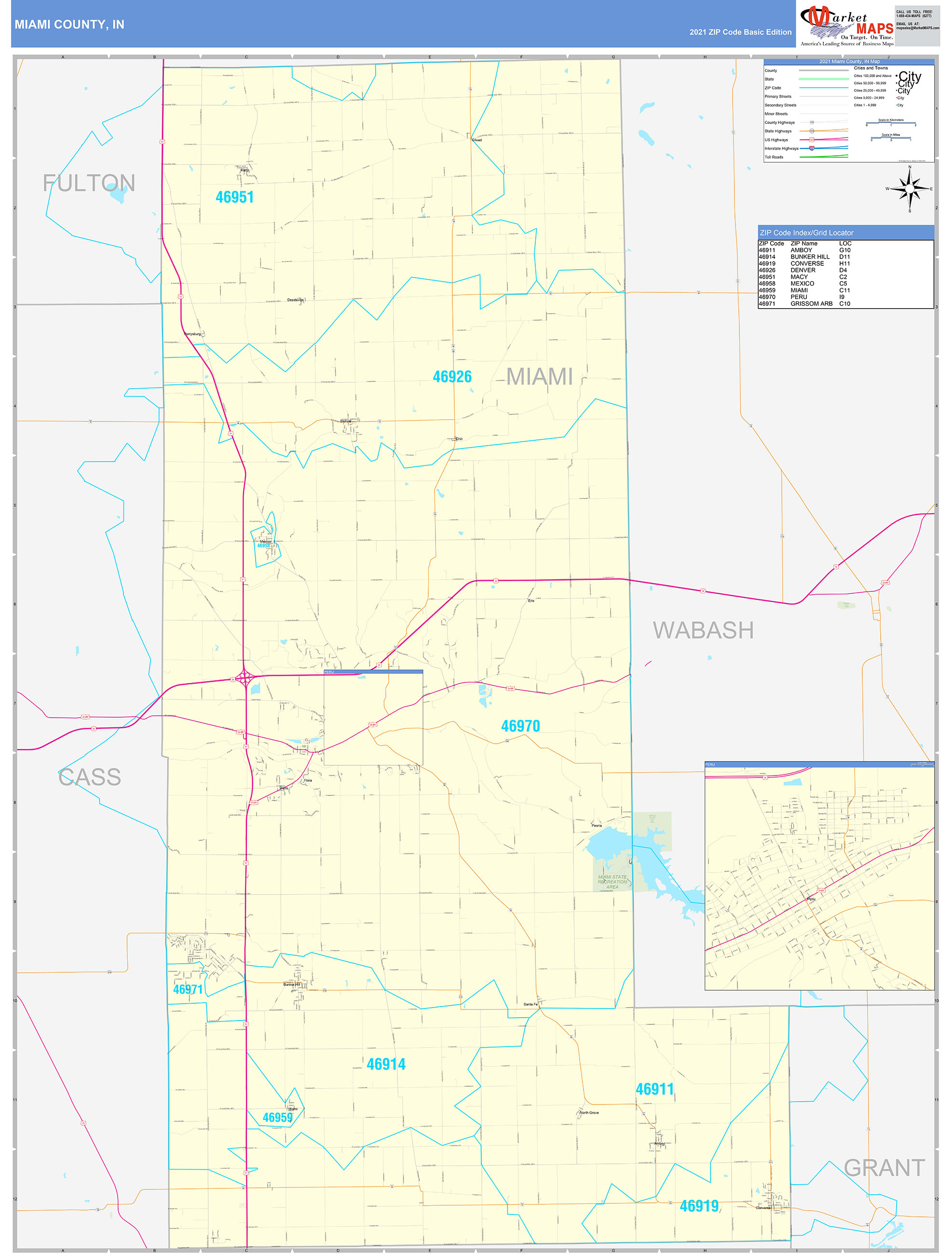 Miami County, IN Zip Code Wall Map Basic Style by MarketMAPS - MapSales