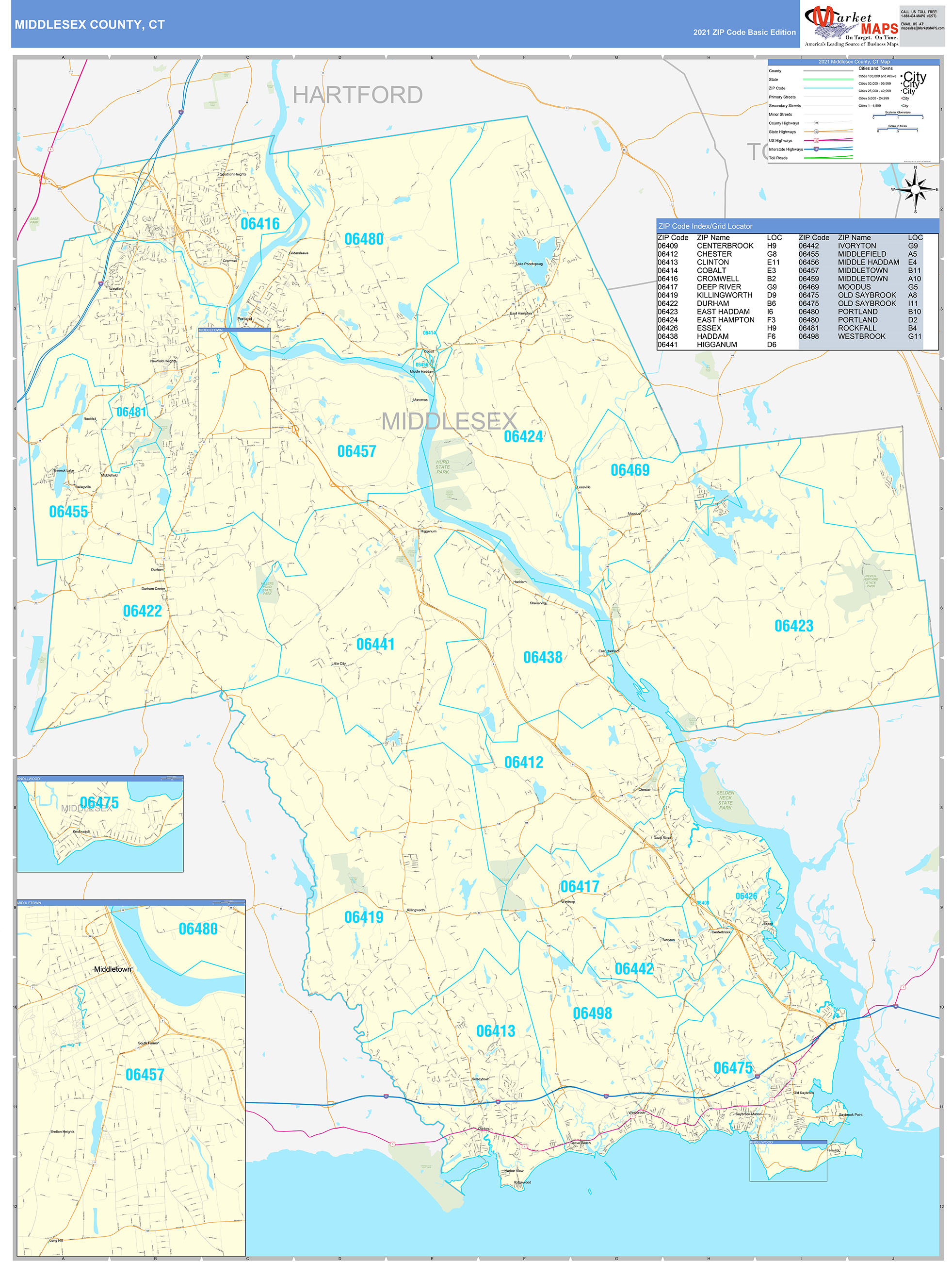 Middlesex County, CT Zip Code Wall Map Basic Style by MarketMAPS ...