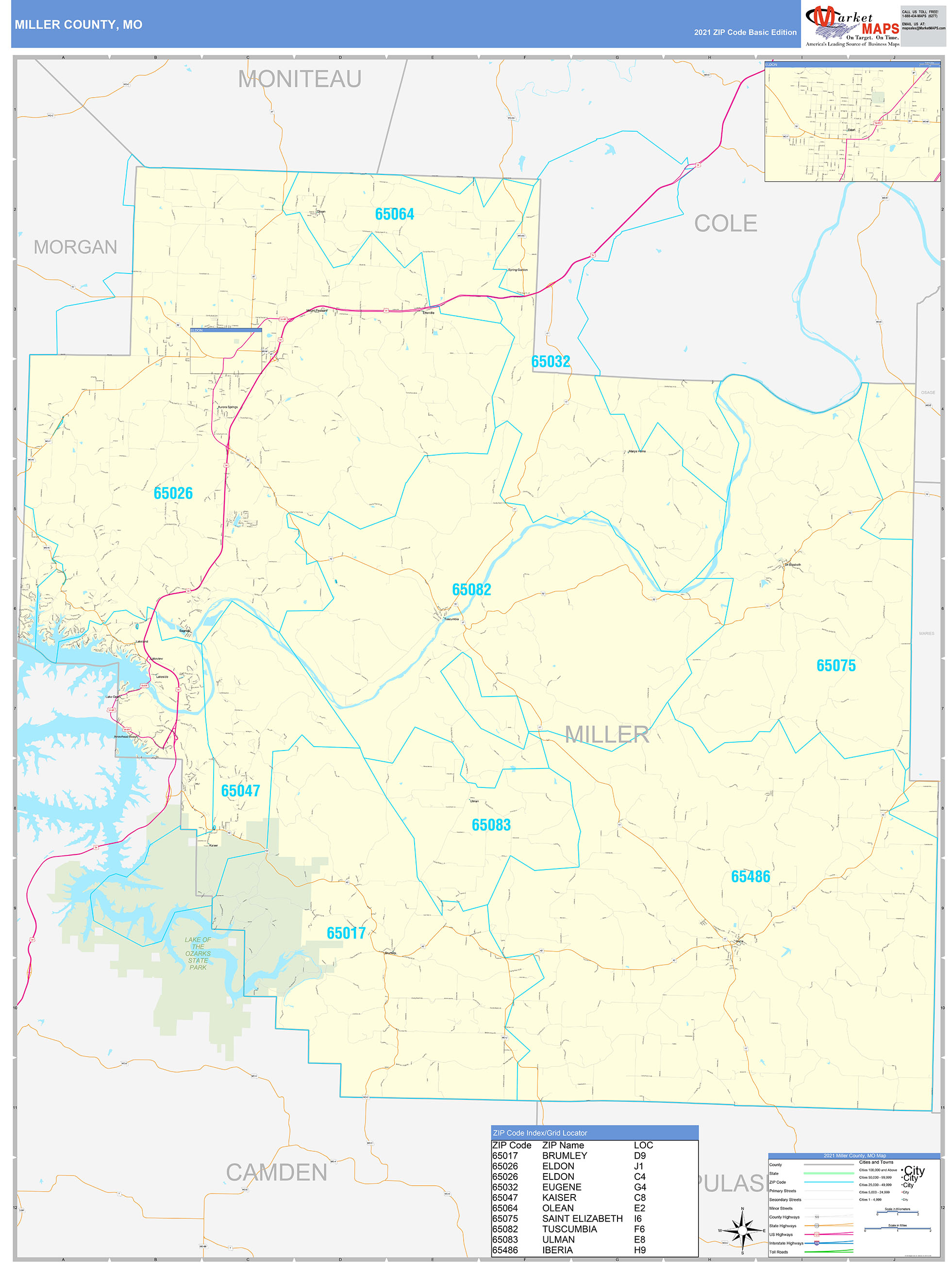 Miller County, MO Zip Code Wall Map Basic Style by MarketMAPS