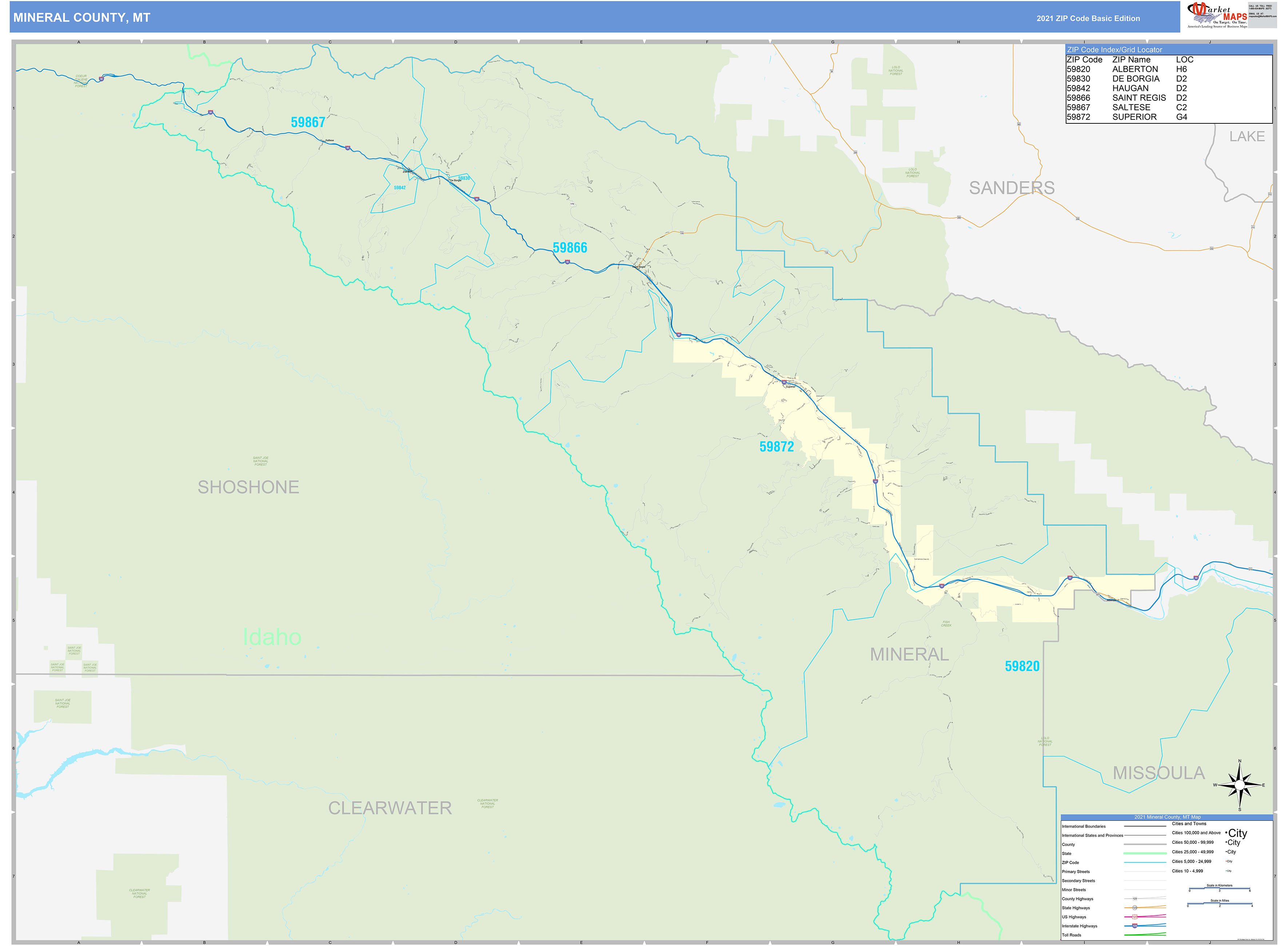 Mineral County, MT Zip Code Wall Map Basic Style by MarketMAPS - MapSales