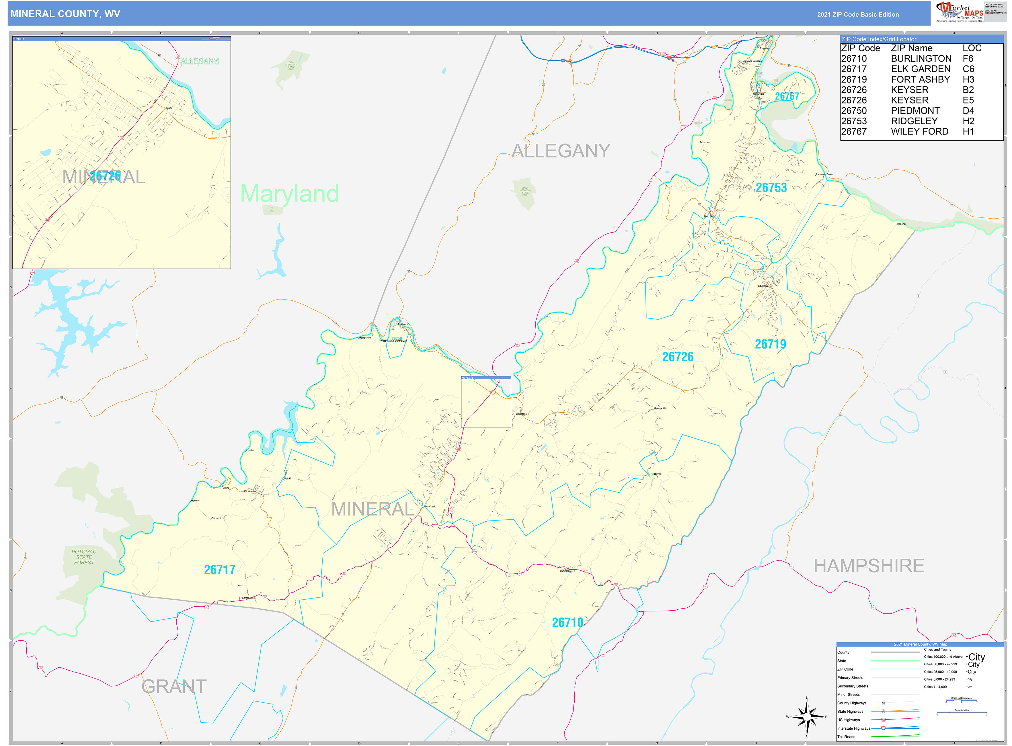 Mineral County, WV Zip Code Wall Map Basic Style by MarketMAPS MapSales