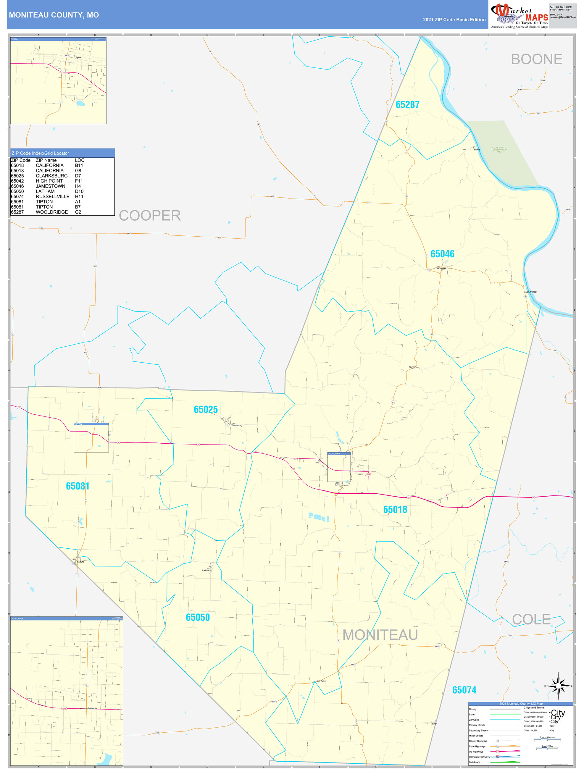 Moniteau County, MO Zip Code Wall Map Basic Style by MarketMAPS ...