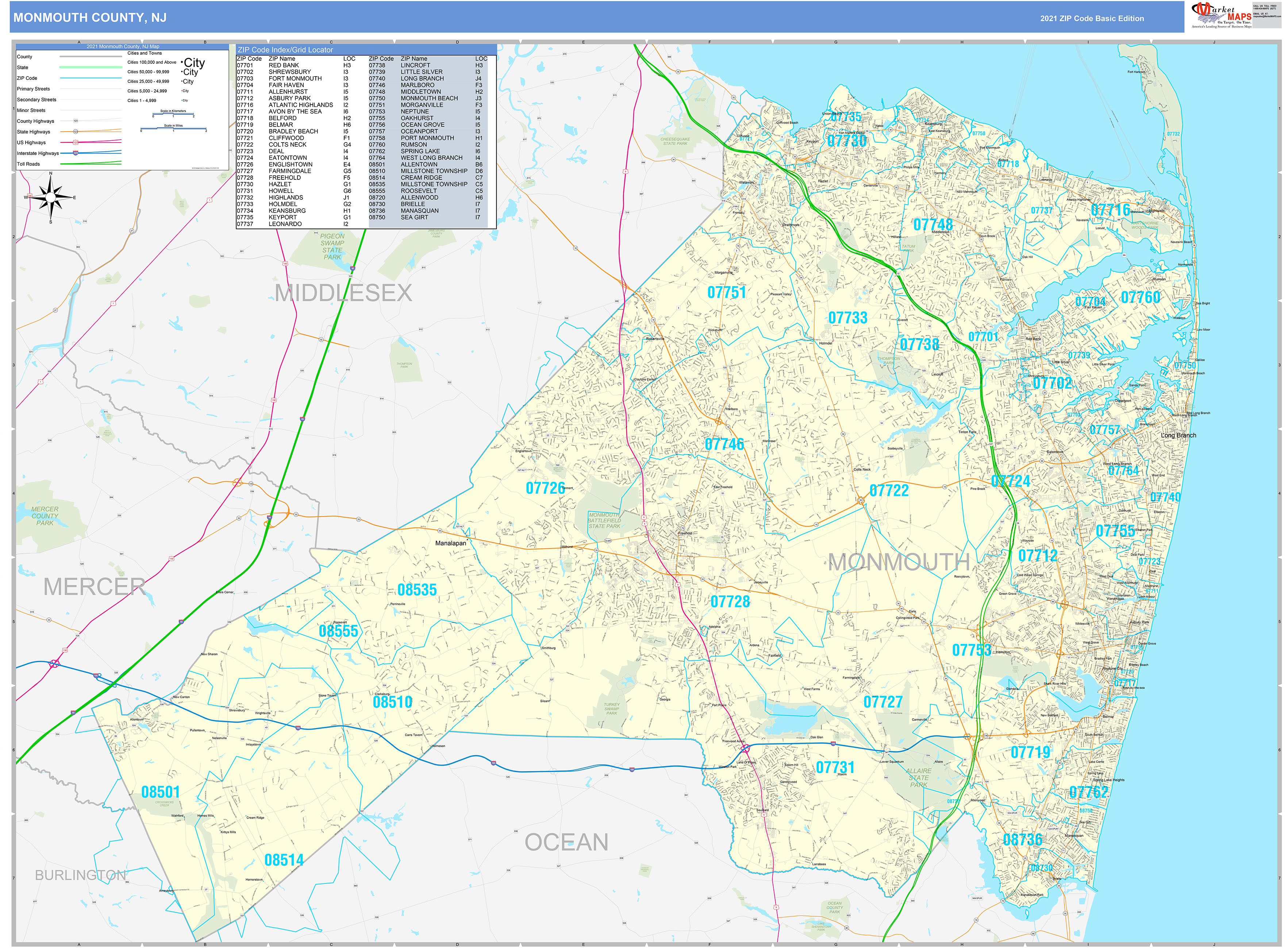 Monmouth County, NJ Zip Code Wall Map Basic Style by MarketMAPS - MapSales