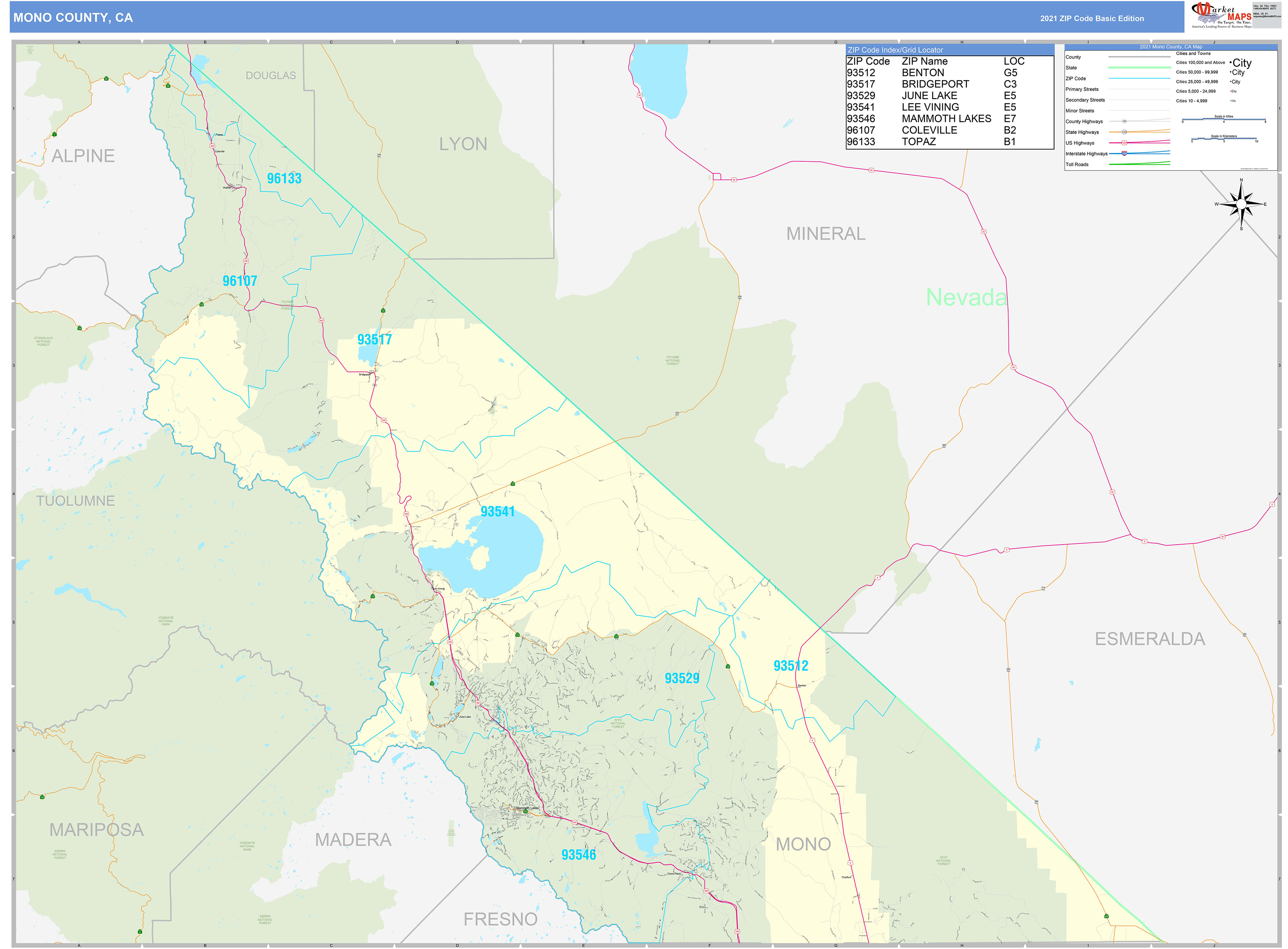 Mono County CA Zip Code Wall Map Basic Style By MarketMAPS MapSales   Mono CA 