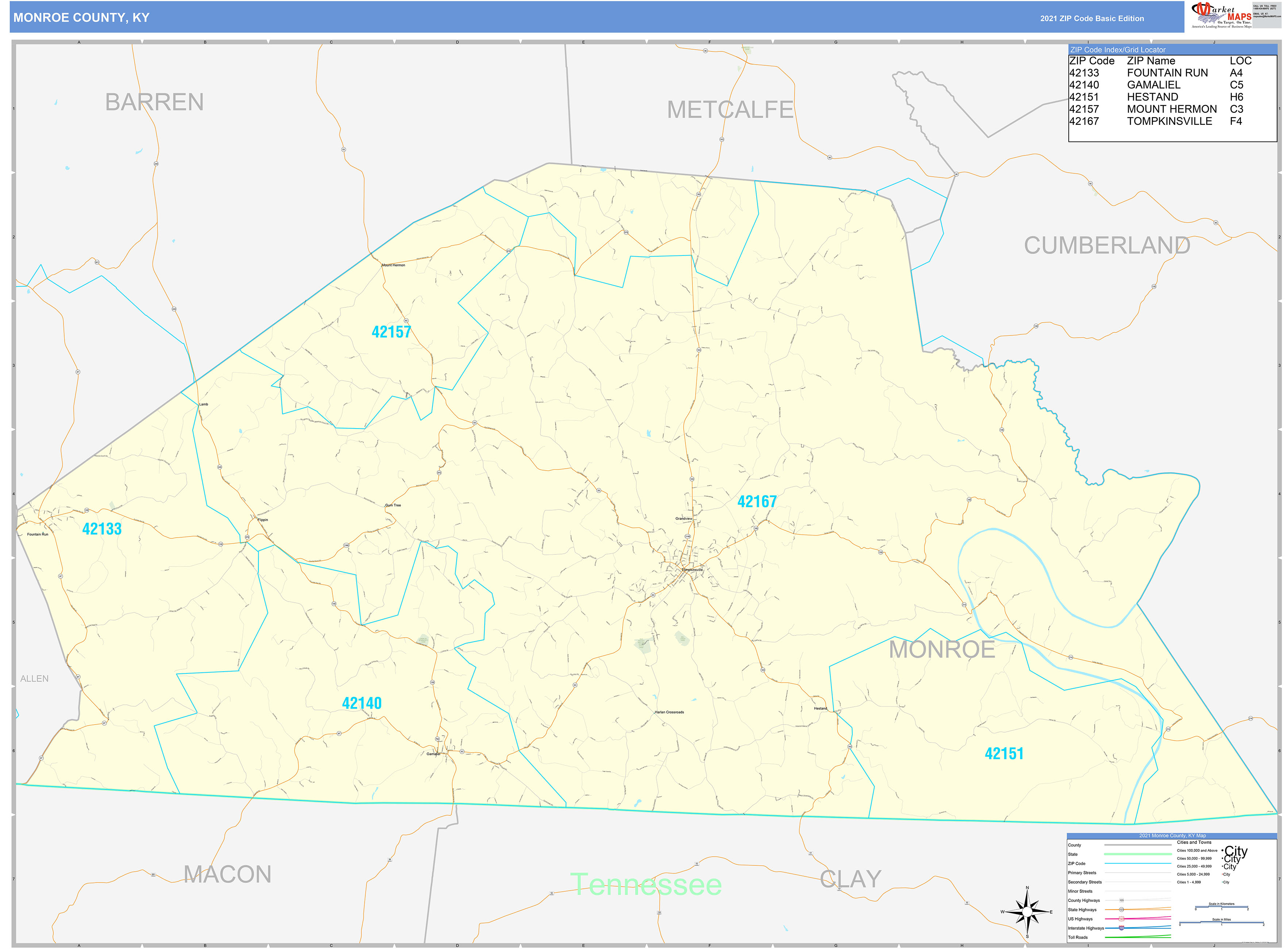 Monroe County, KY Zip Code Wall Map Basic Style by MarketMAPS