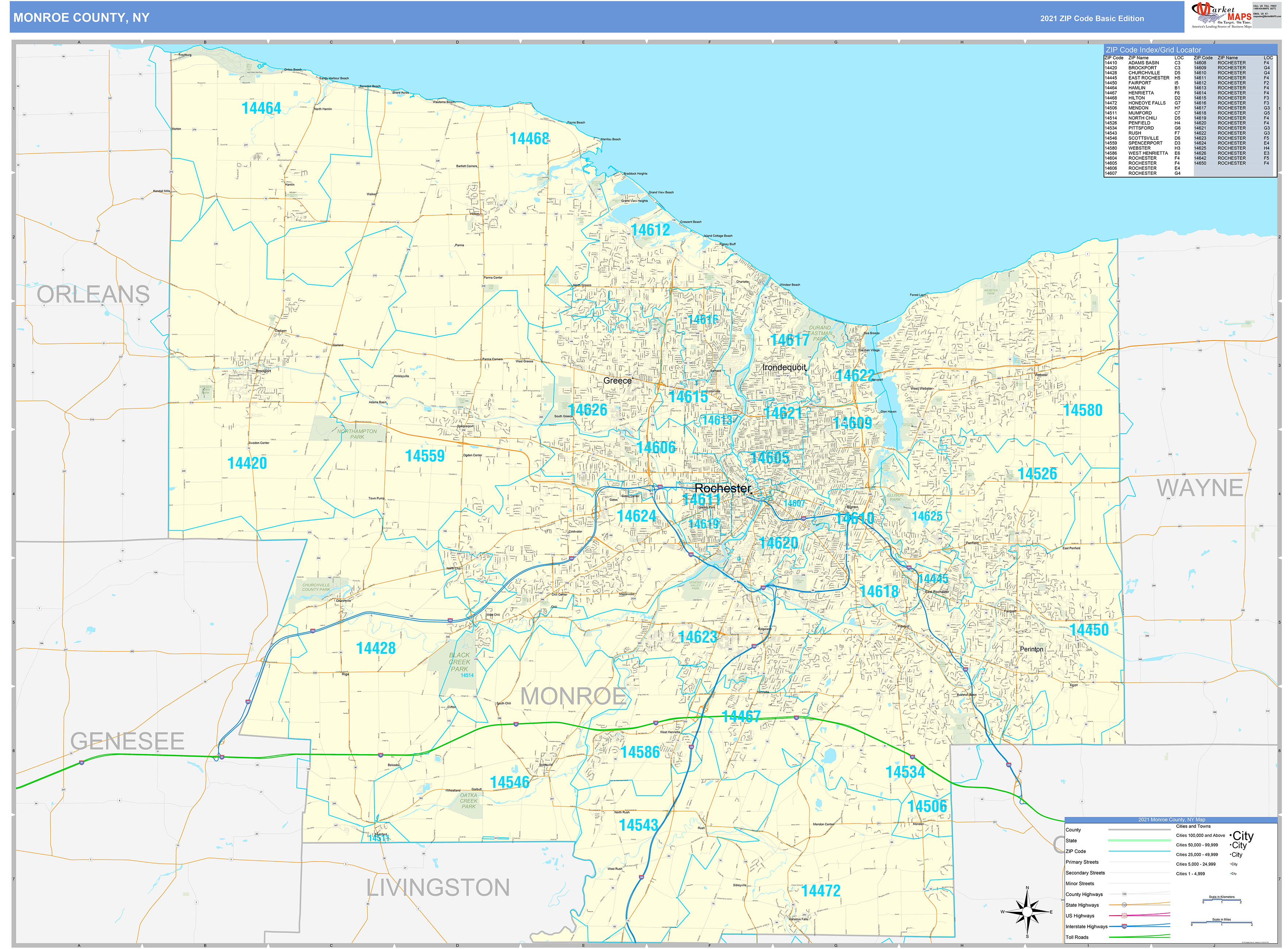 Monroe County, NY Zip Code Wall Map Basic Style by MarketMAPS - MapSales