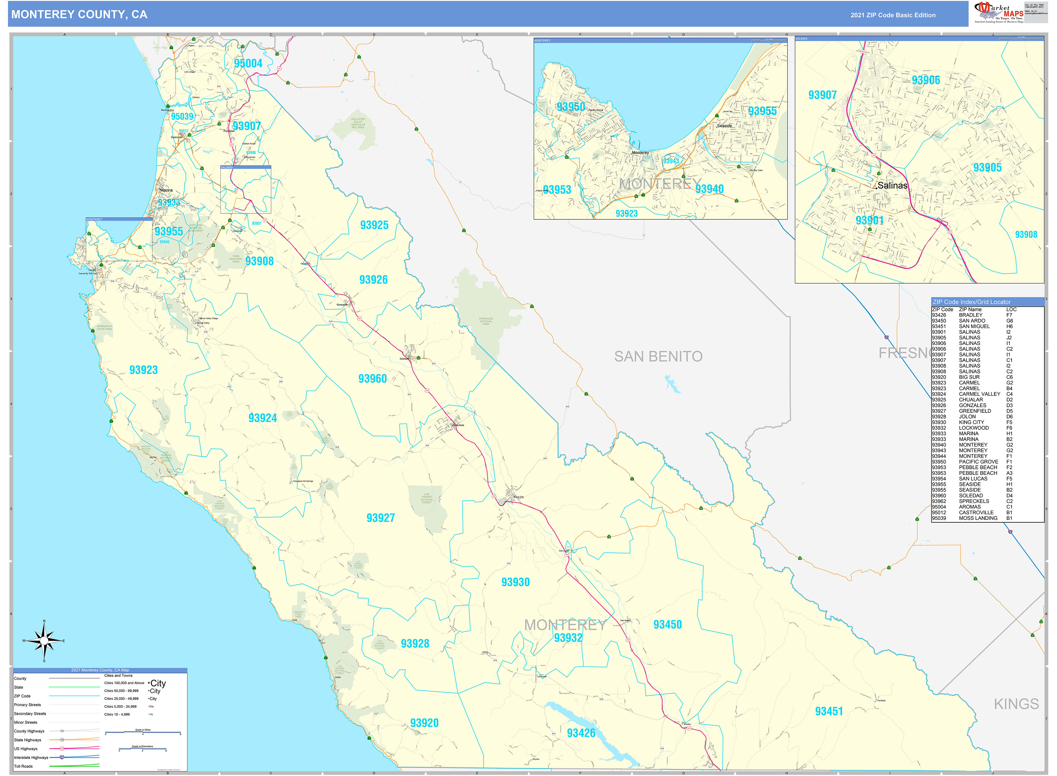 Monterey County, CA Zip Code Wall Map Basic Style by MarketMAPS