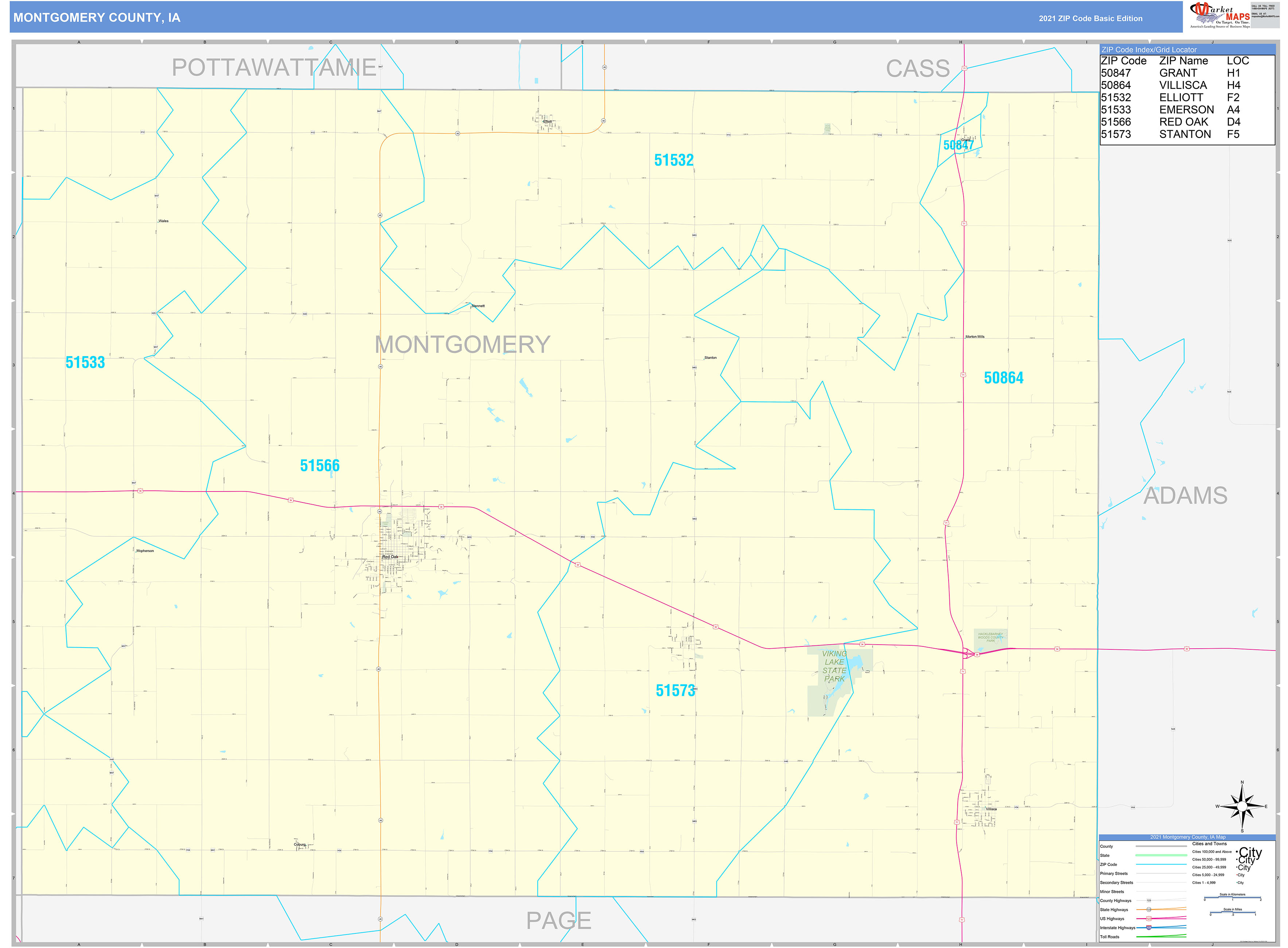 Montgomery County, IA Zip Code Wall Map Basic Style by MarketMAPS MapSales