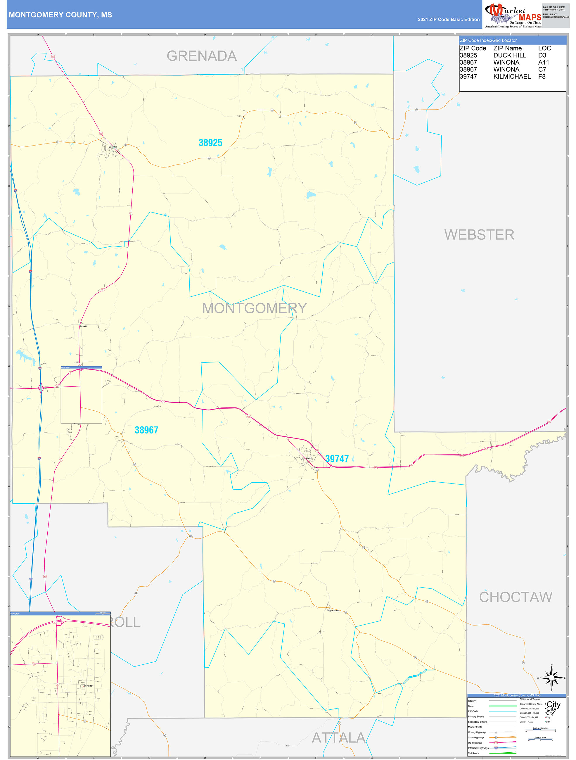 Montgomery County, MS Zip Code Wall Map Basic Style By MarketMAPS ...