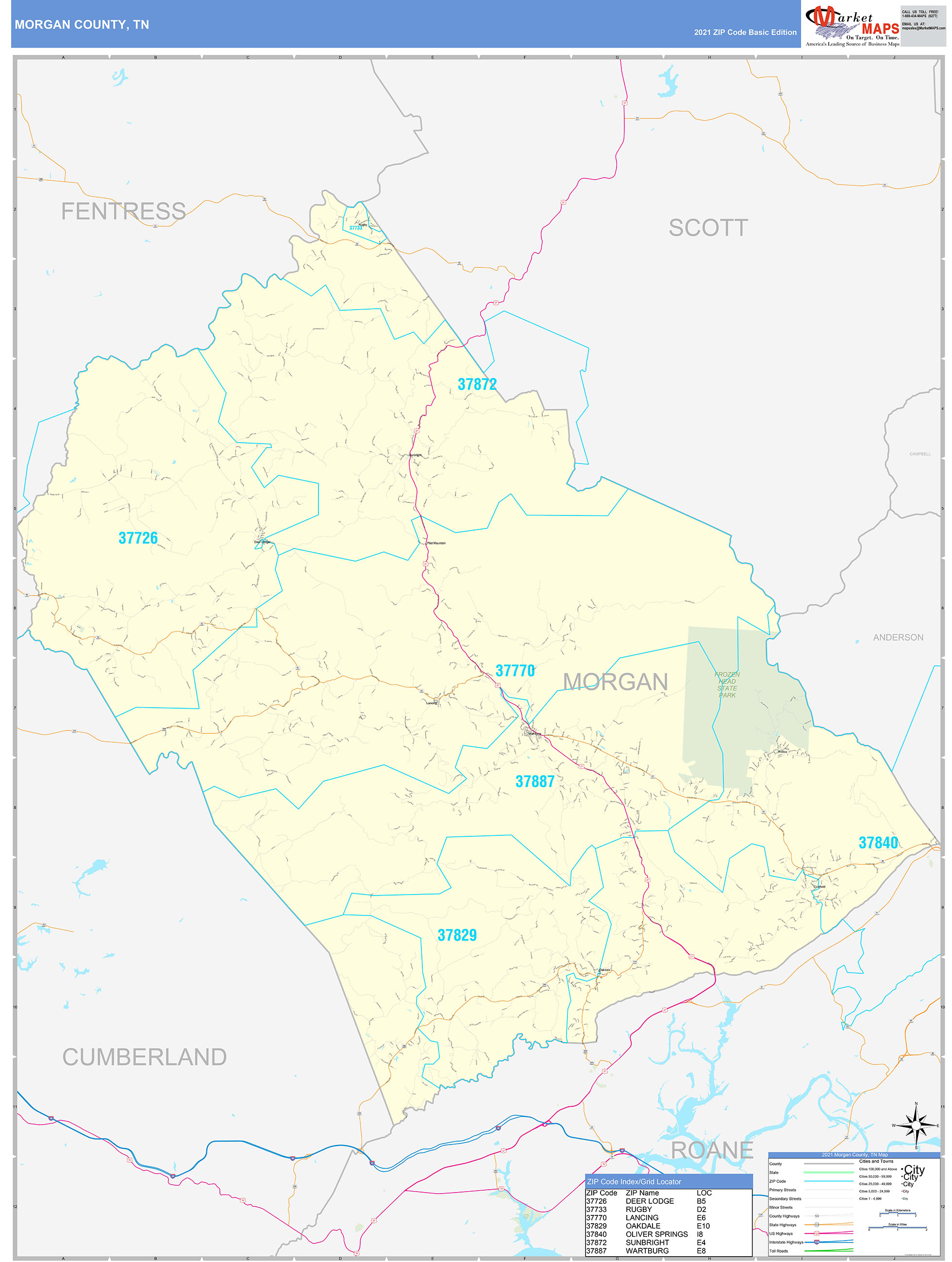 Morgan County, TN Zip Code Wall Map Basic Style by MarketMAPS - MapSales