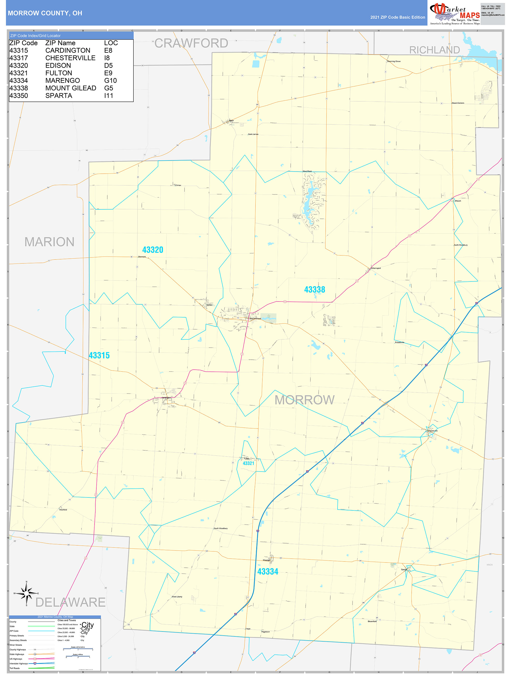 Morrow County, OH Zip Code Wall Map Basic Style by MarketMAPS ...