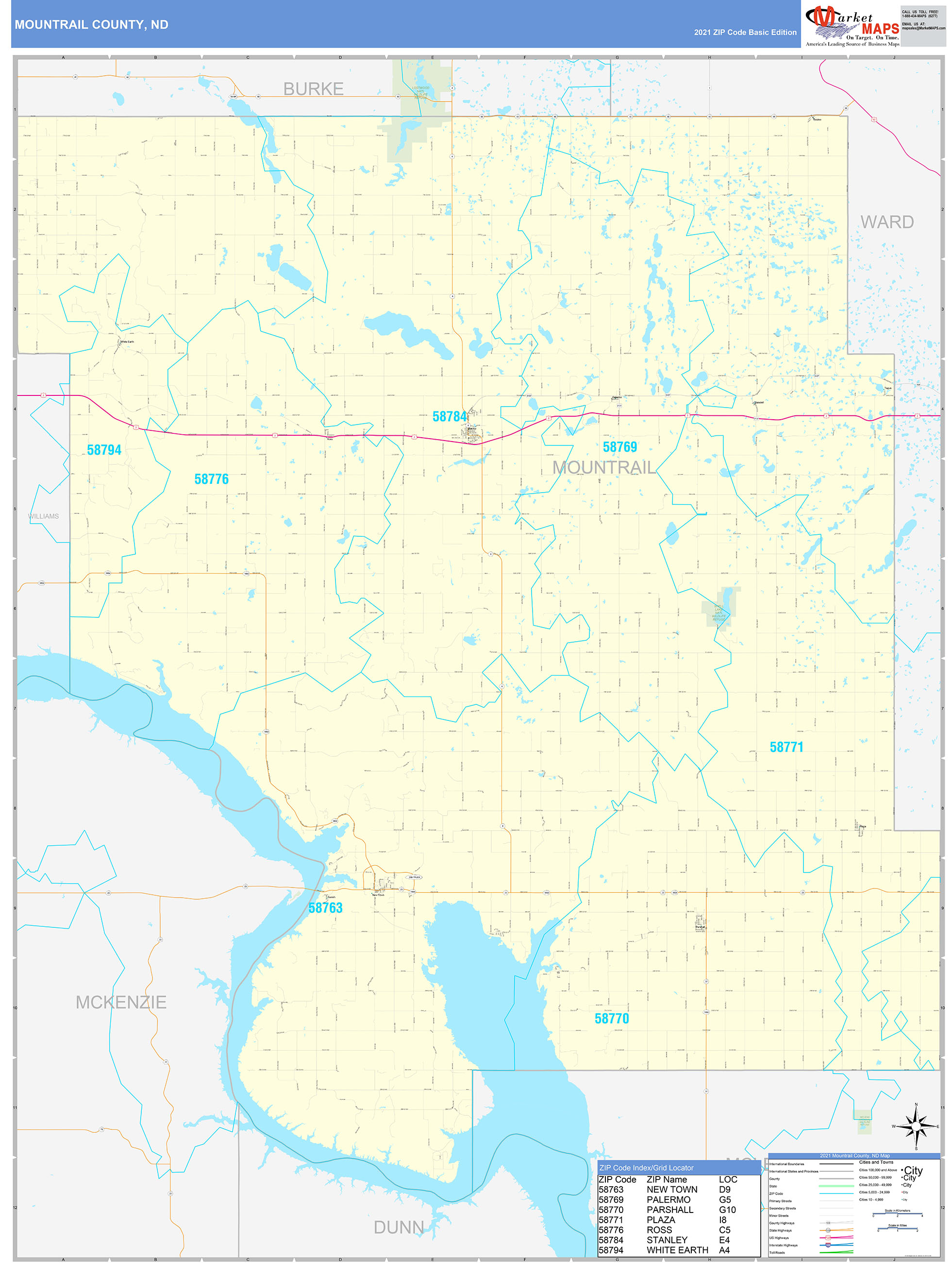 Mountrail County, ND Zip Code Wall Map Basic Style by MarketMAPS - MapSales