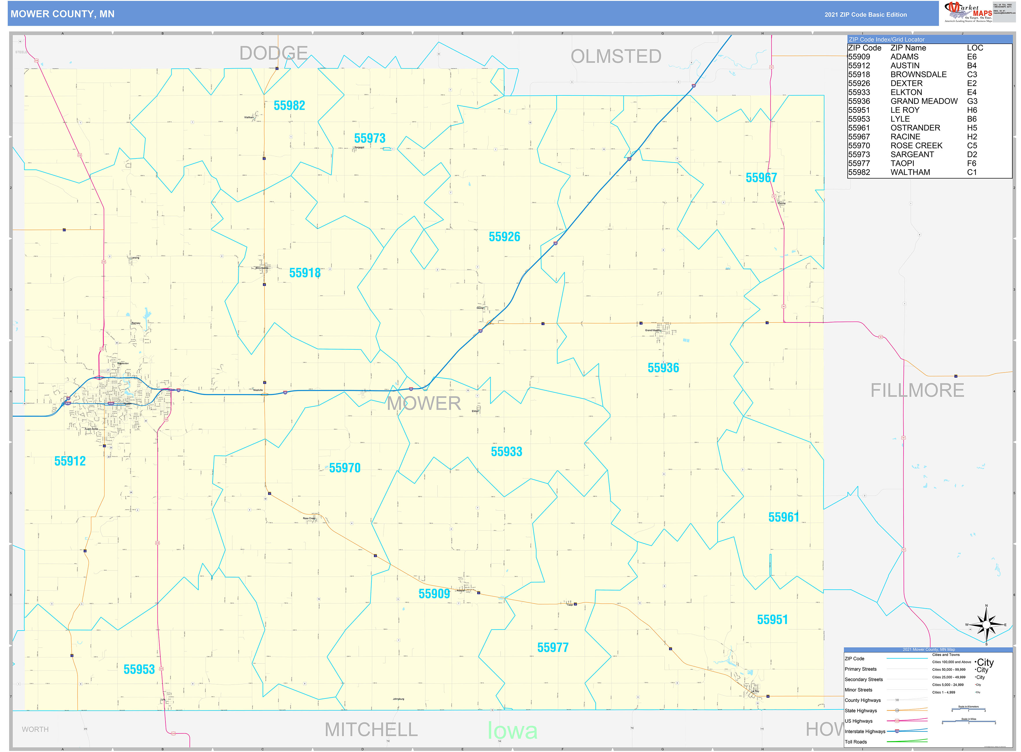 mower-county-mn-zip-code-wall-map-basic-style-by-marketmaps-mapsales