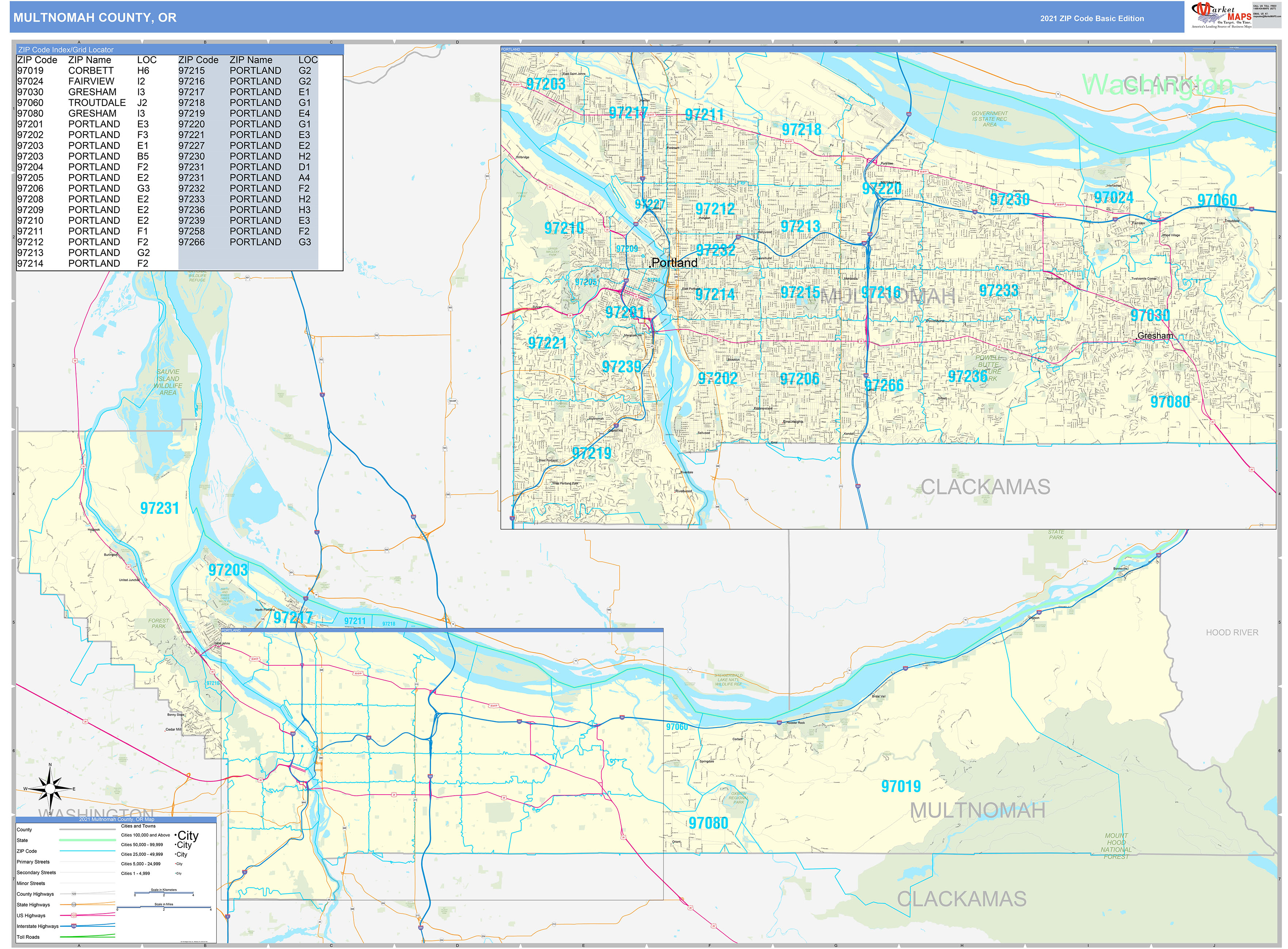 Multnomah County, OR Zip Code Wall Map Basic Style by MarketMAPS - MapSales