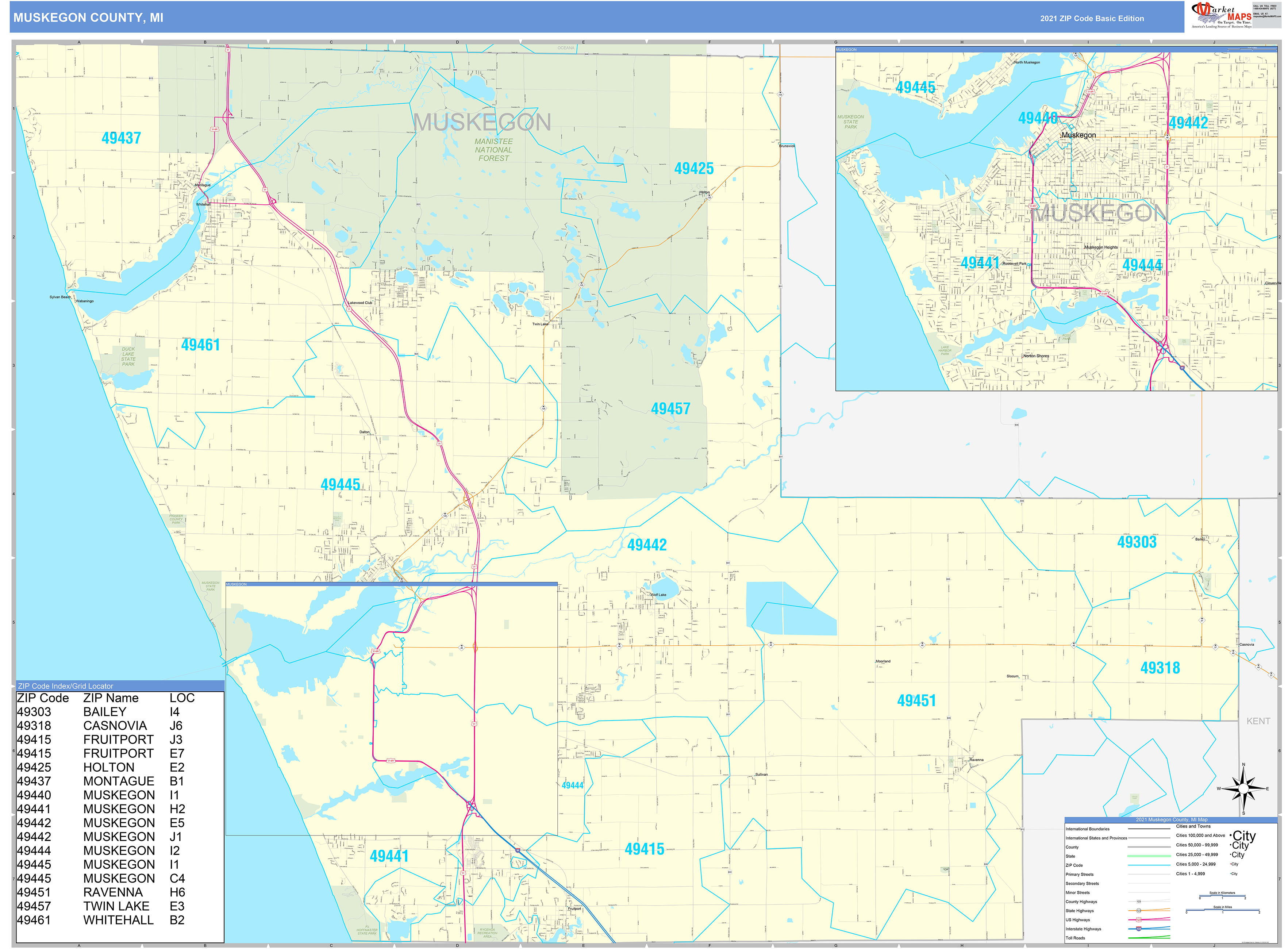 Muskegon County Mi Zip Code Wall Map Basic Style By Marketmaps Mapsales 1011