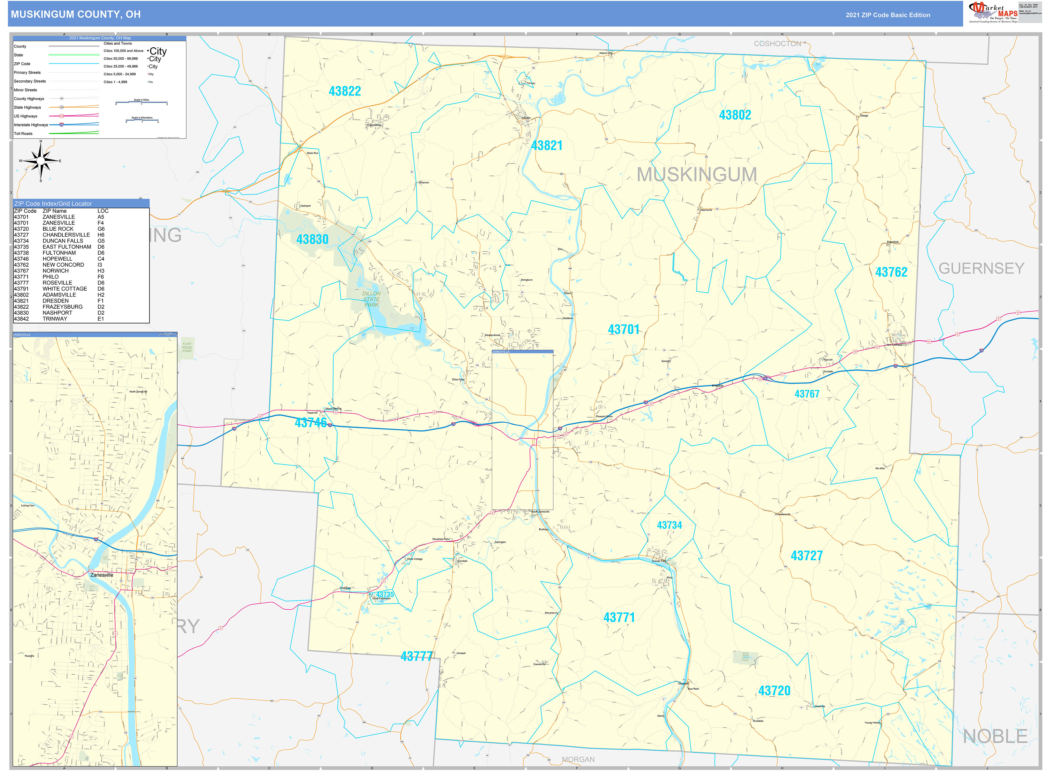 Muskingum County Oh Zip Code Wall Map Basic Style By Marketmaps Mapsales 4232
