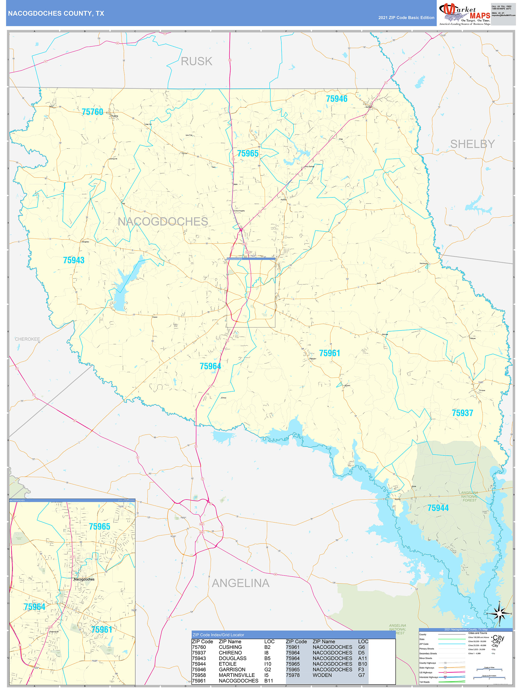 Nacogdoches County, TX Zip Code Wall Map Basic Style by MarketMAPS ...