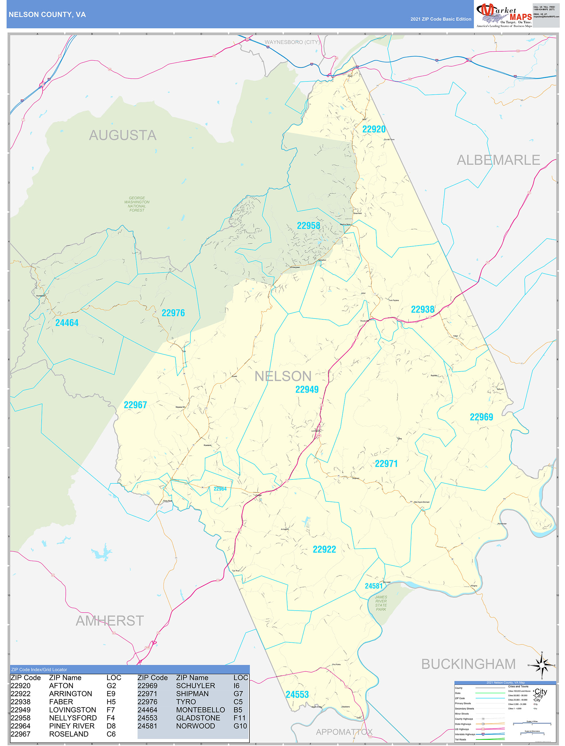 Nelson County, VA Zip Code Wall Map Basic Style by MarketMAPS - MapSales