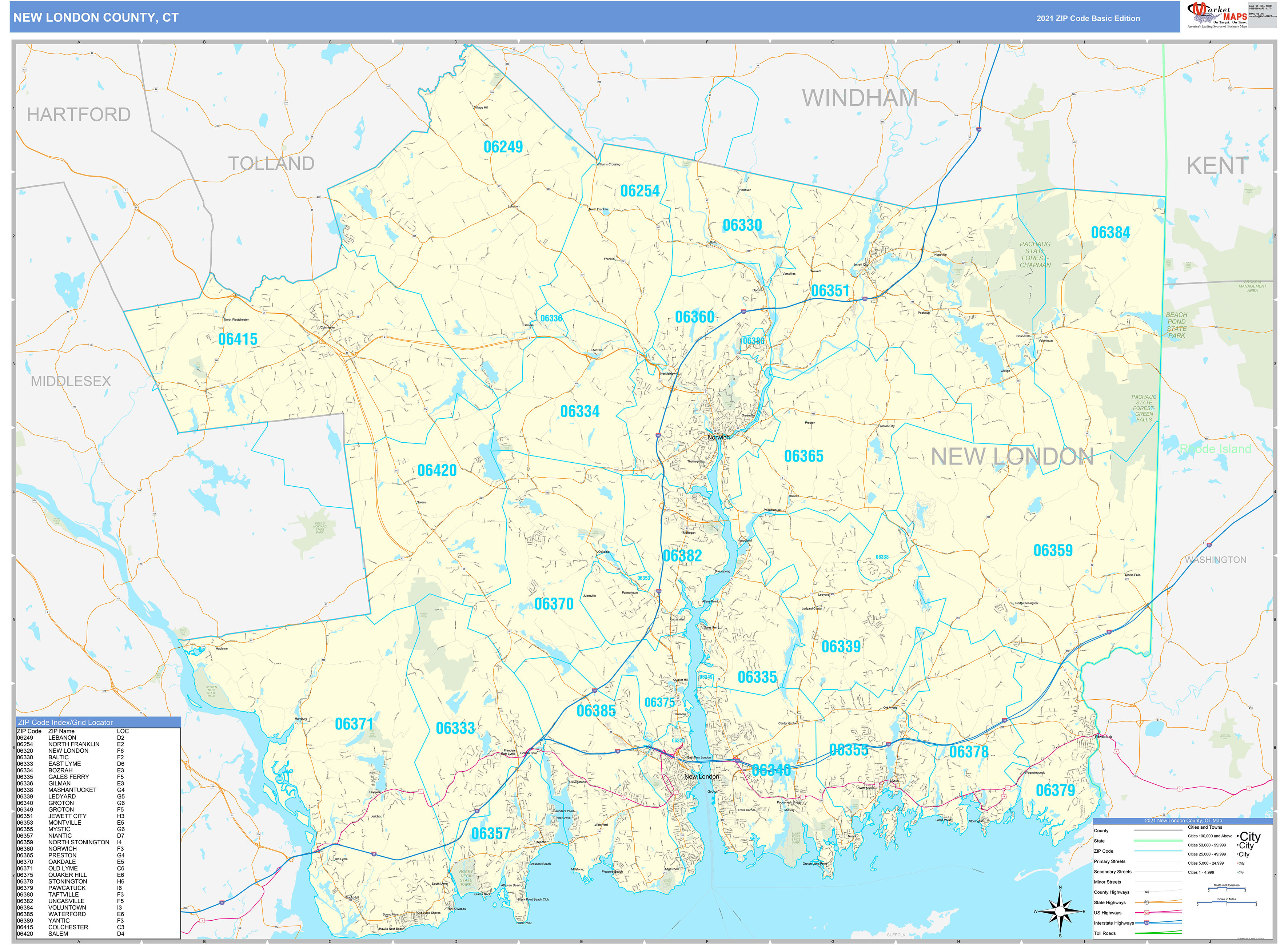 New London County, CT Zip Code Wall Map Basic Style by MarketMAPS ...