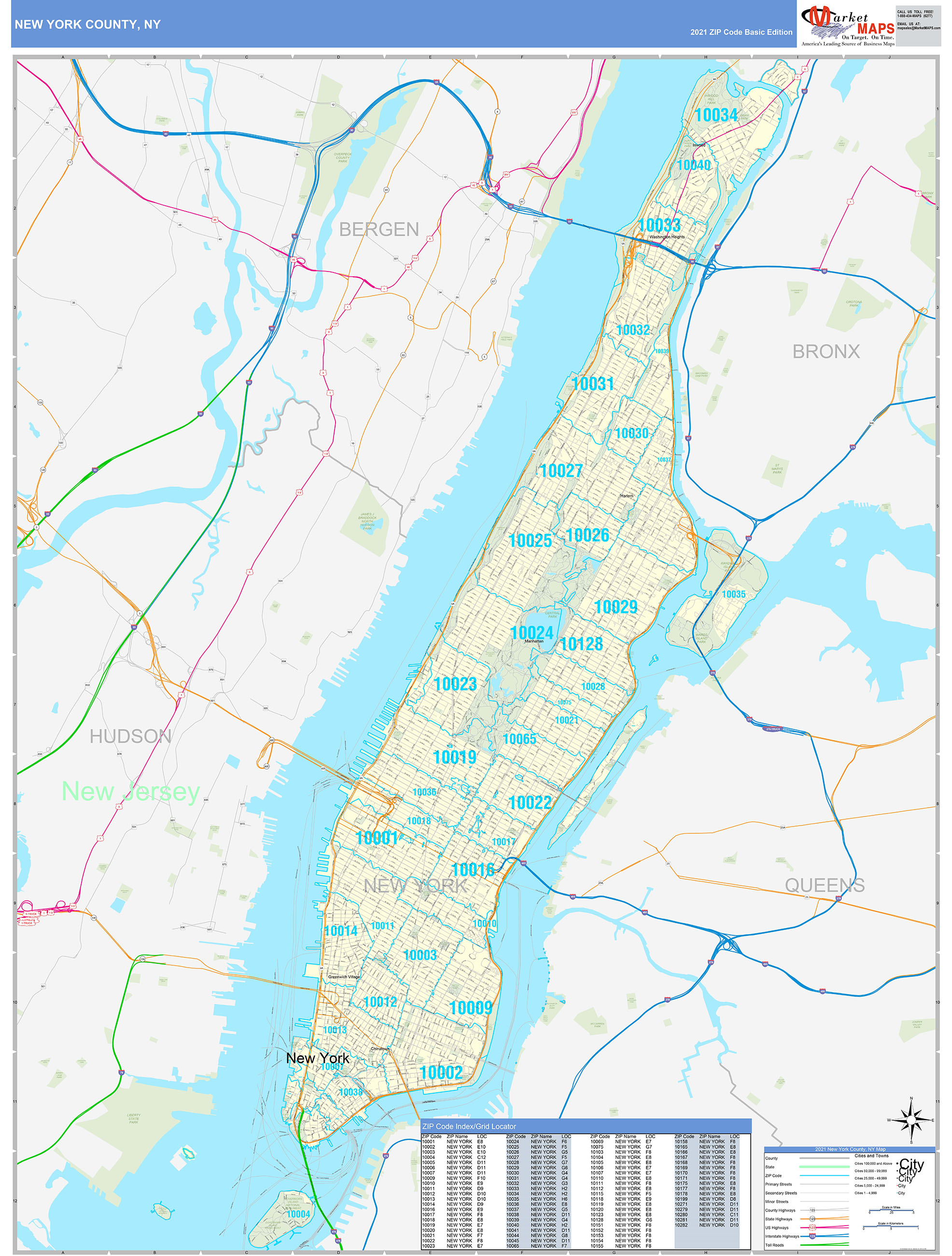 new-york-county-ny-zip-code-wall-map-basic-style-by-marketmaps-mapsales