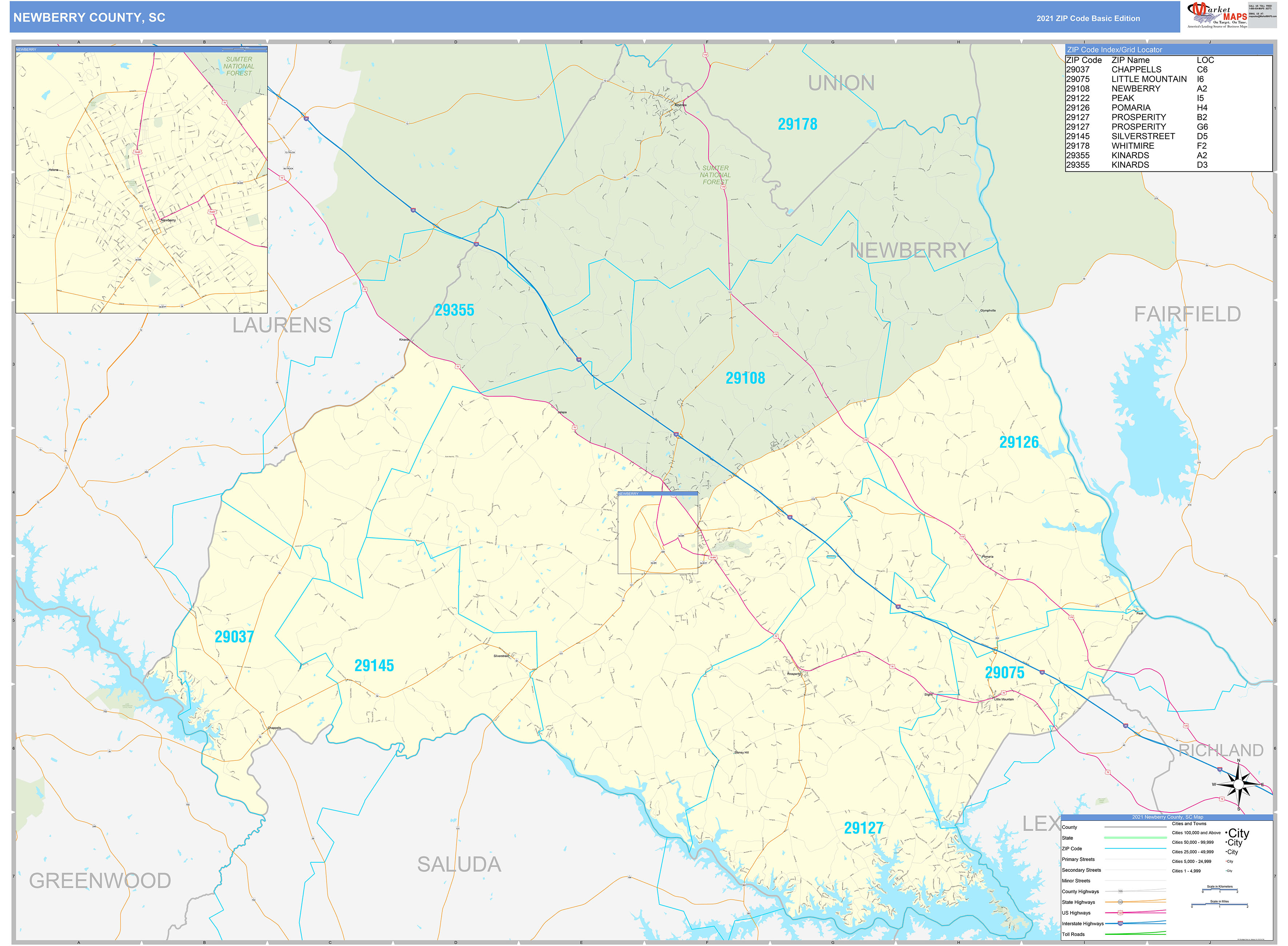 Newberry County, SC Zip Code Wall Map Basic Style by MarketMAPS - MapSales