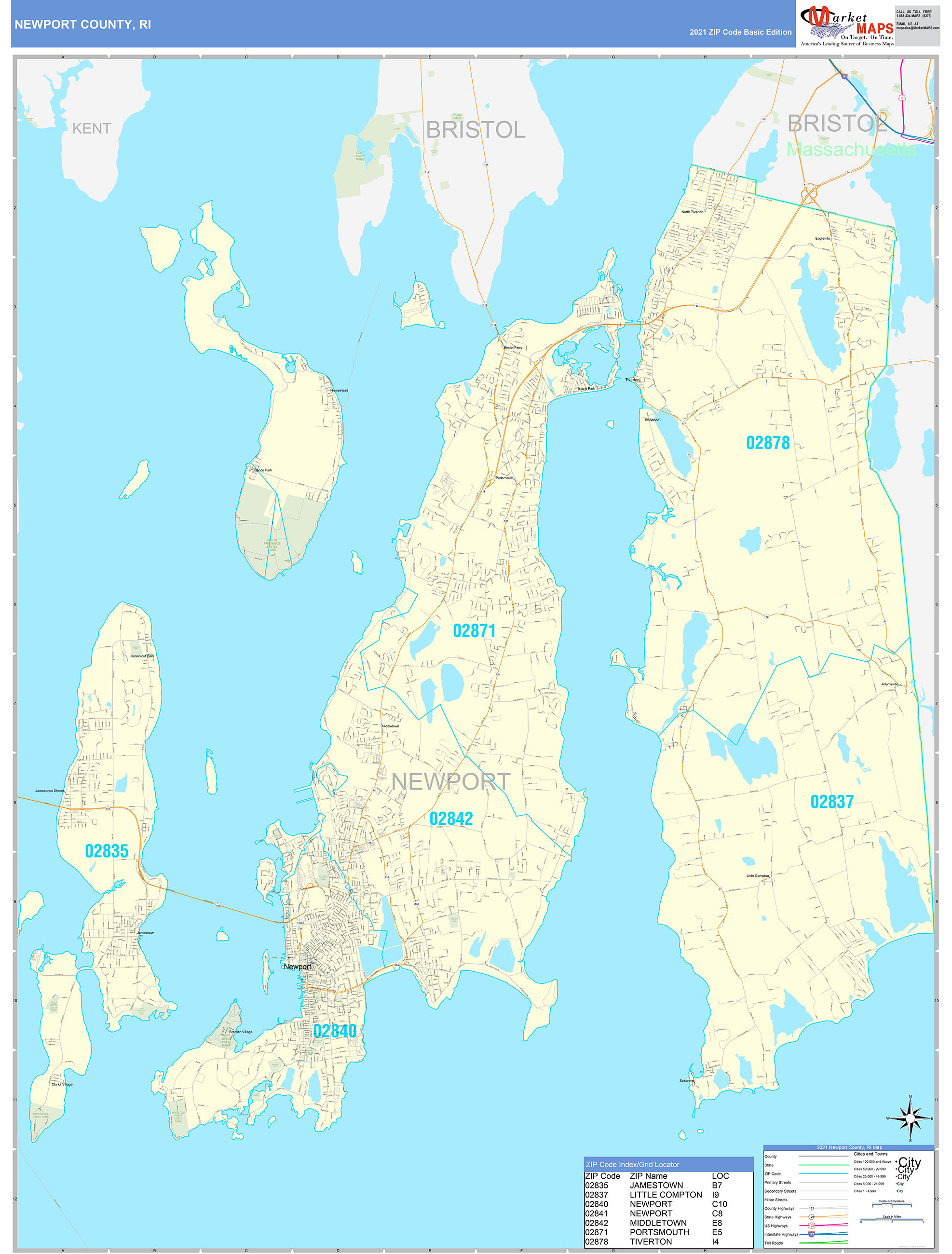 Newport County, RI Zip Code Wall Map Basic Style by MarketMAPS - MapSales