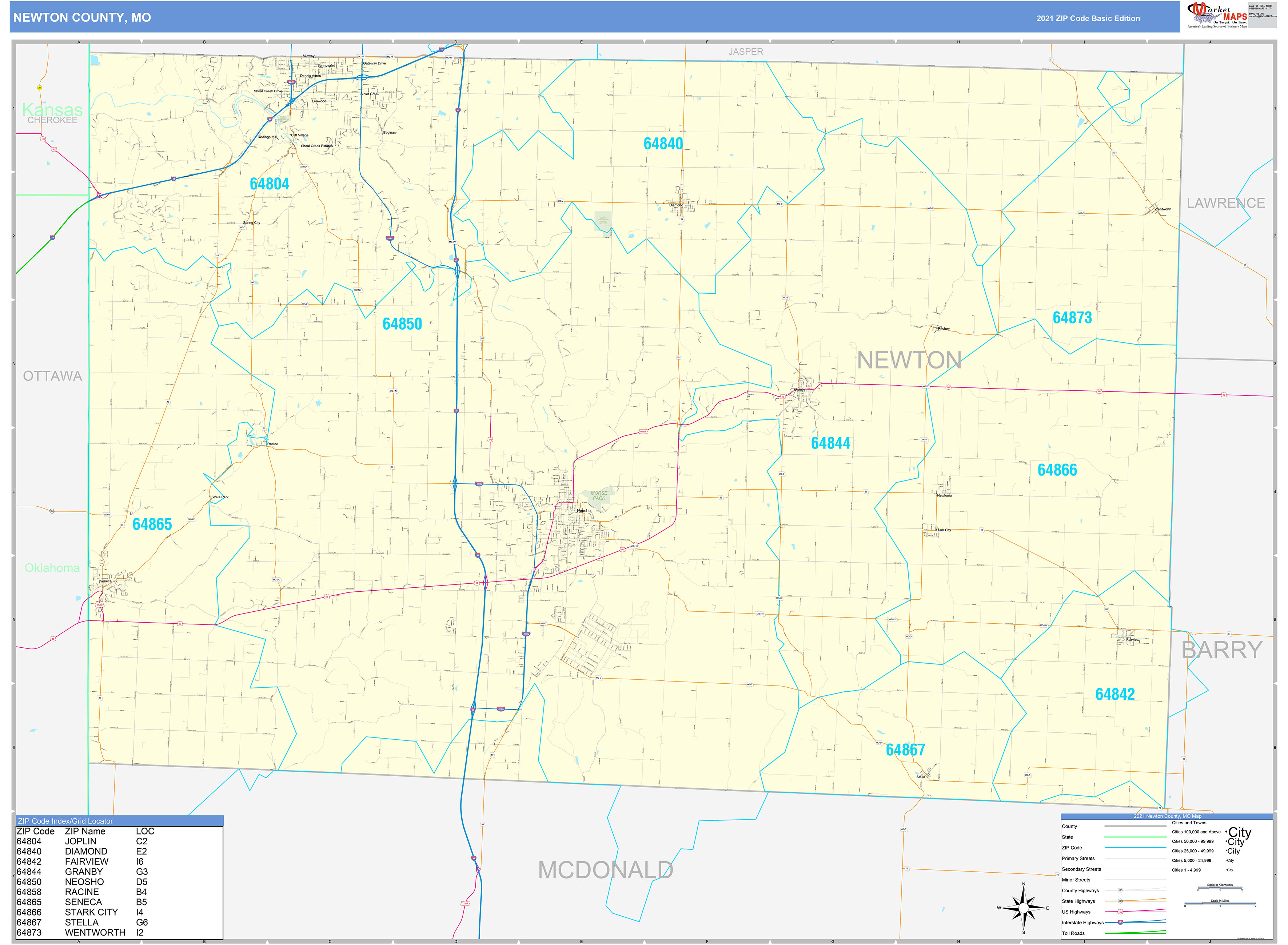 Newton County, MO Zip Code Wall Map Basic Style by MarketMAPS MapSales