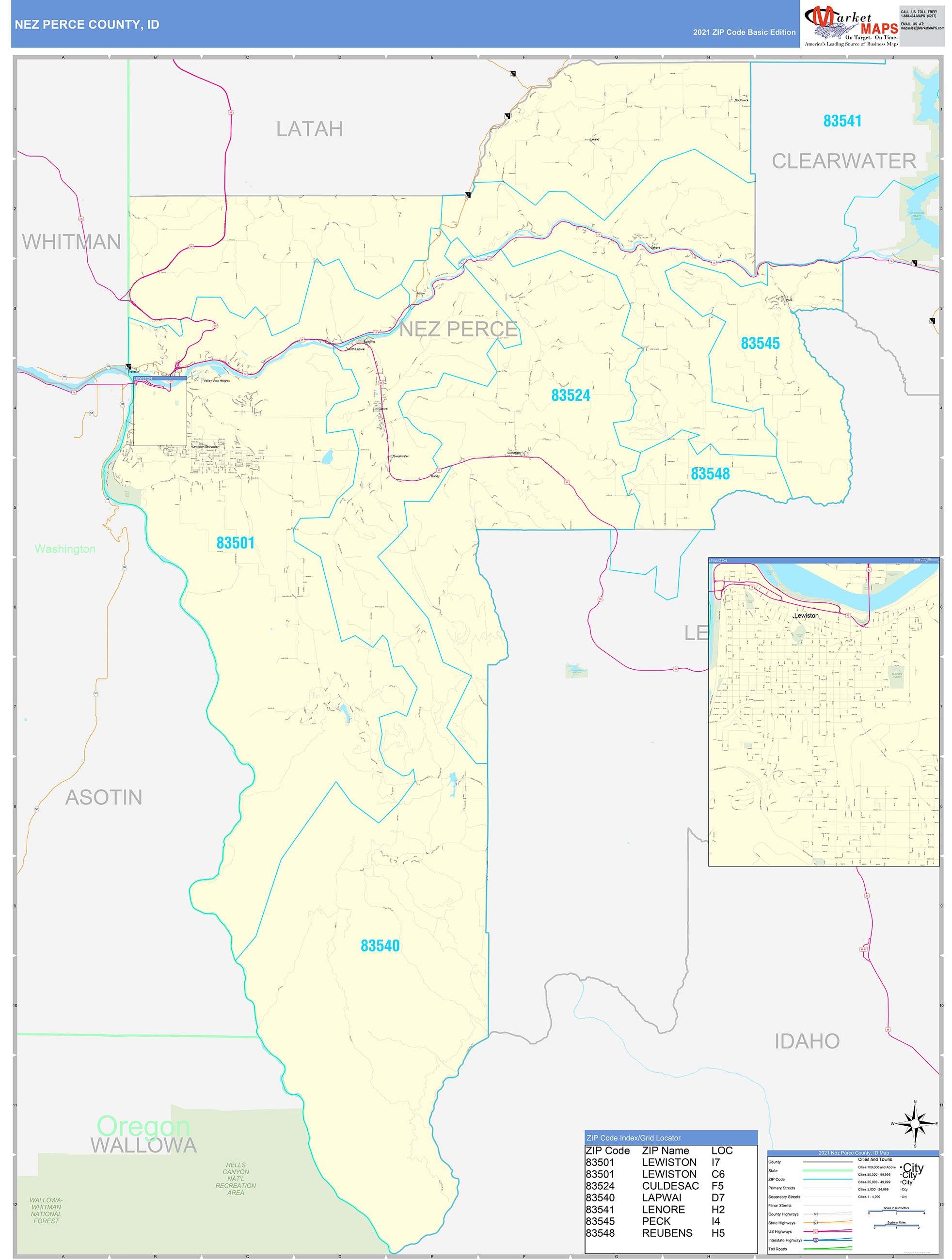 Nez Perce County, ID Zip Code Wall Map Basic Style by MarketMAPS - MapSales