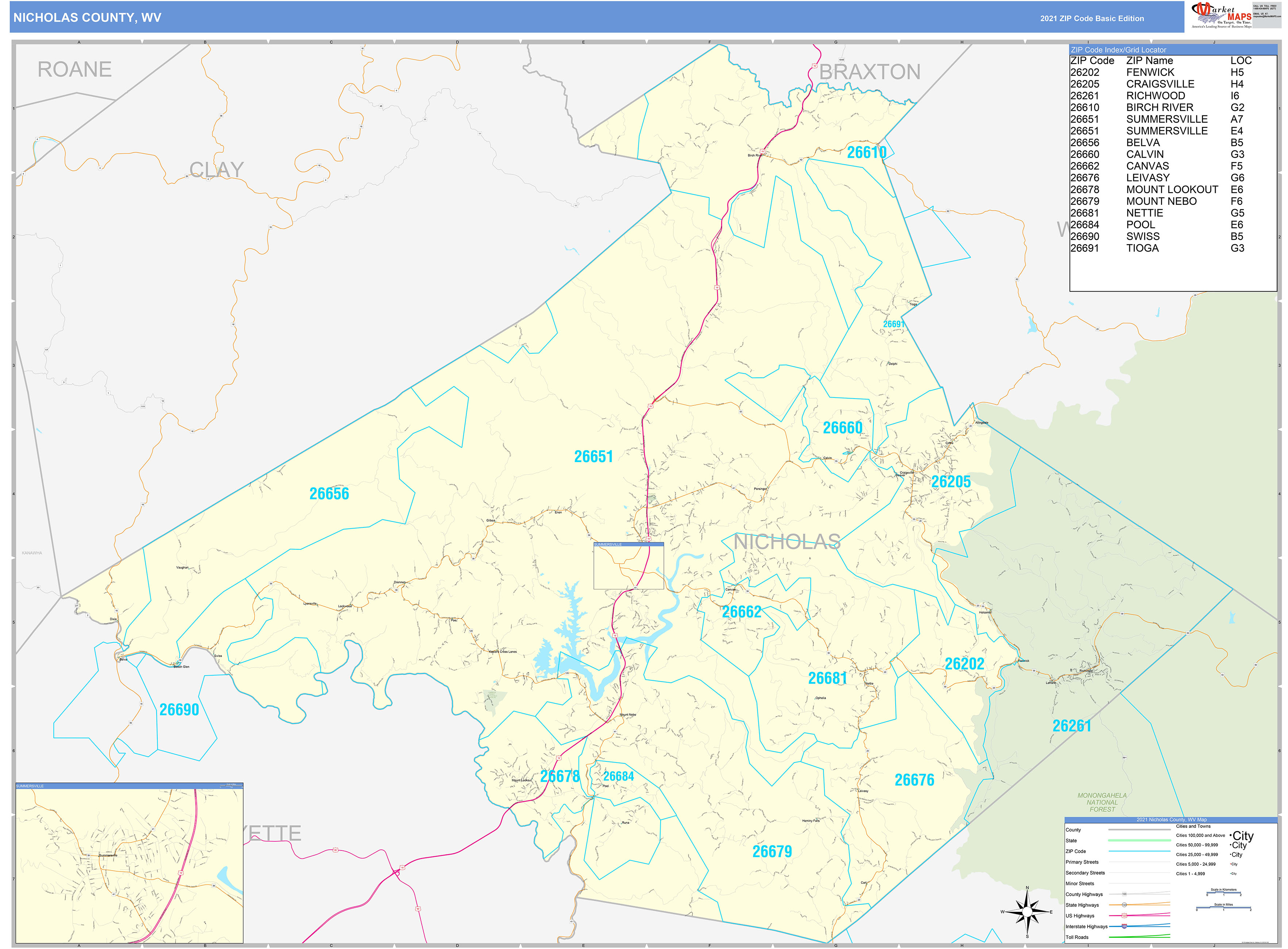 Nicholas County, WV Zip Code Wall Map Basic Style by MarketMAPS