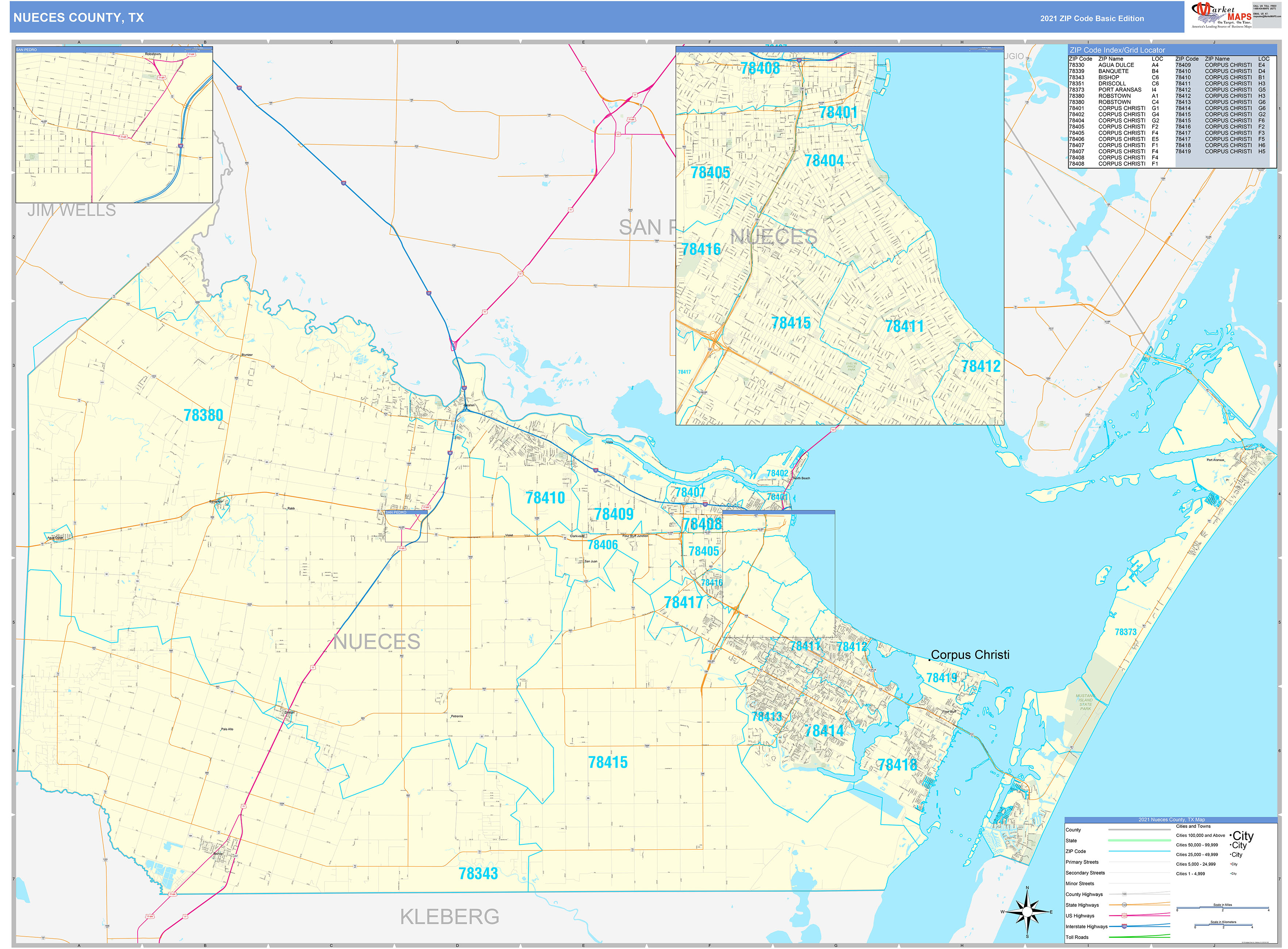 Nueces County TX Zip Code Wall Map Basic Style by MarketMAPS MapSales