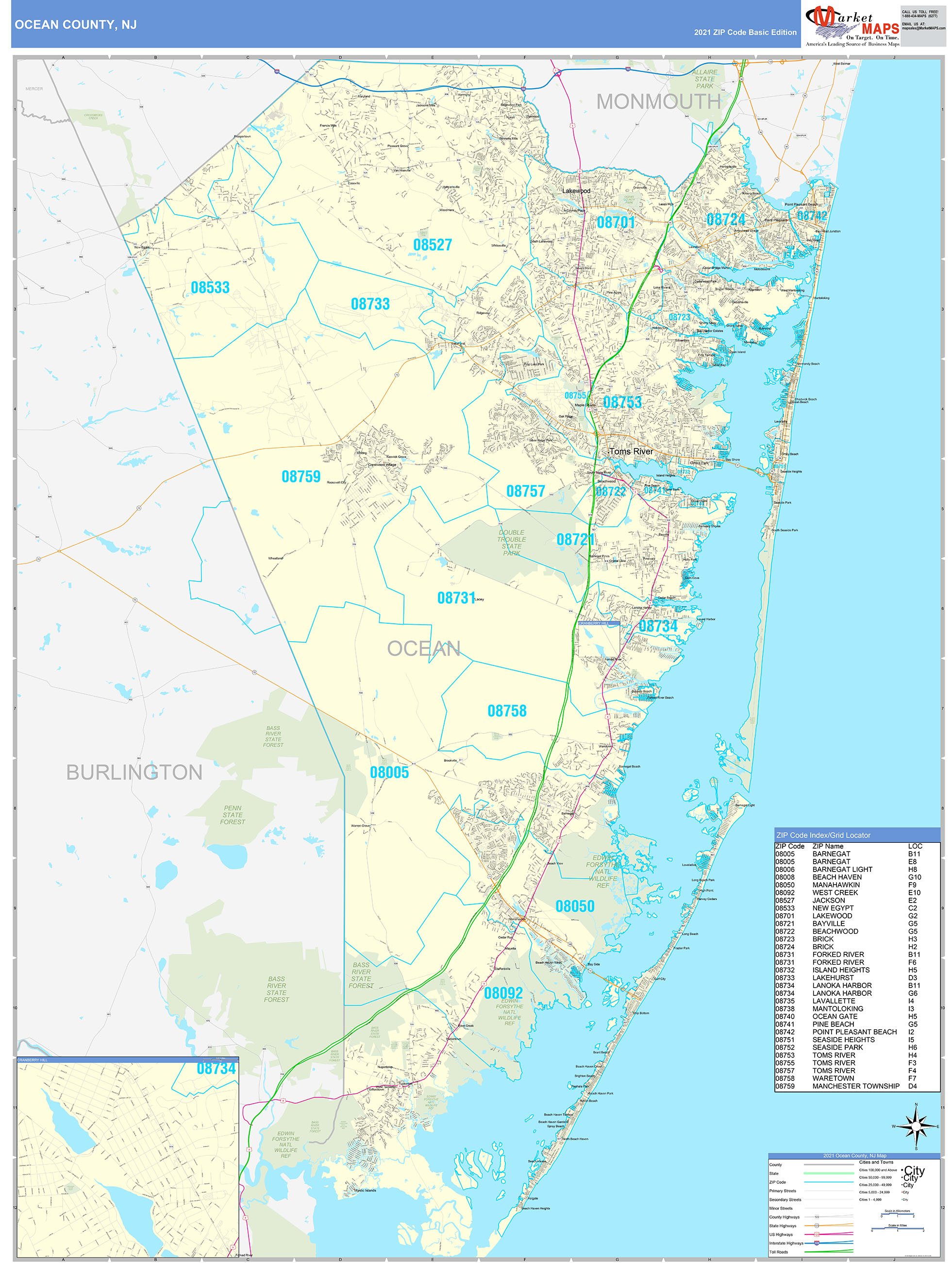 Ocean County Nj Zip Code Wall Map Basic Style By Marketmaps | Images ...